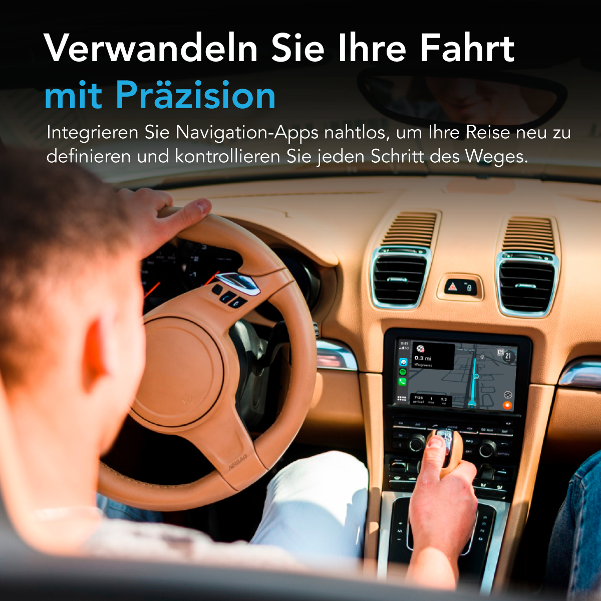 Eine Person fährt Auto und benutzt ein Touchscreen-Navigationssystem. Das Armaturenbrett ist sichtbar.