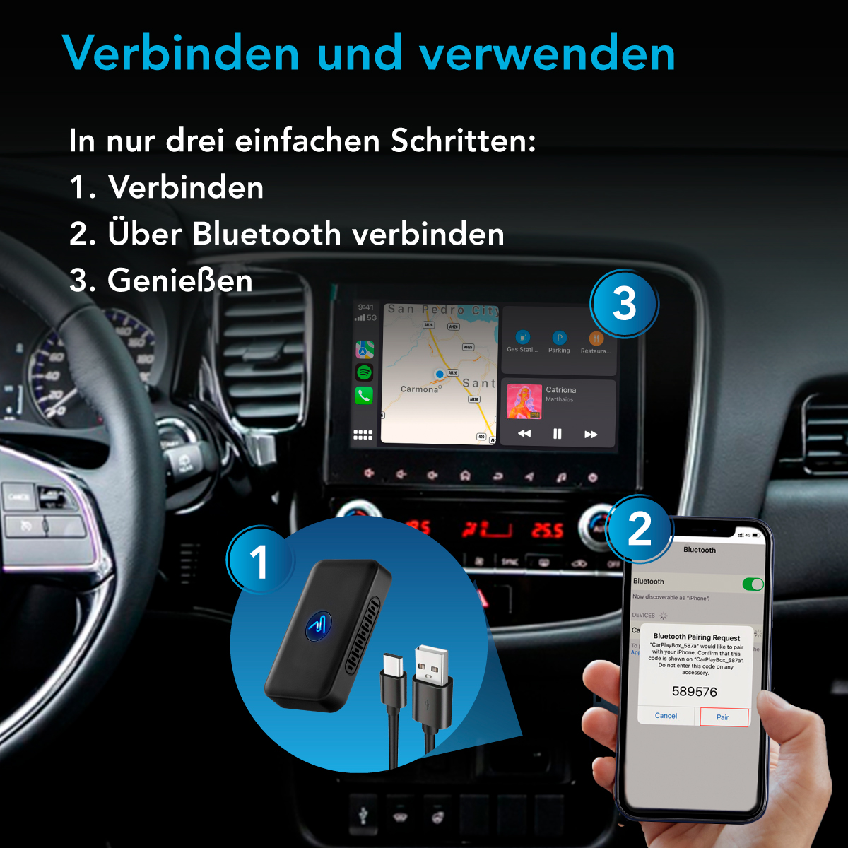Das Bild zeigt ein Auto-Dashboard mit einem Bildschirm, der die Navigation anzeigt, und ein Telefon mit Bluetooth-Pairing.
