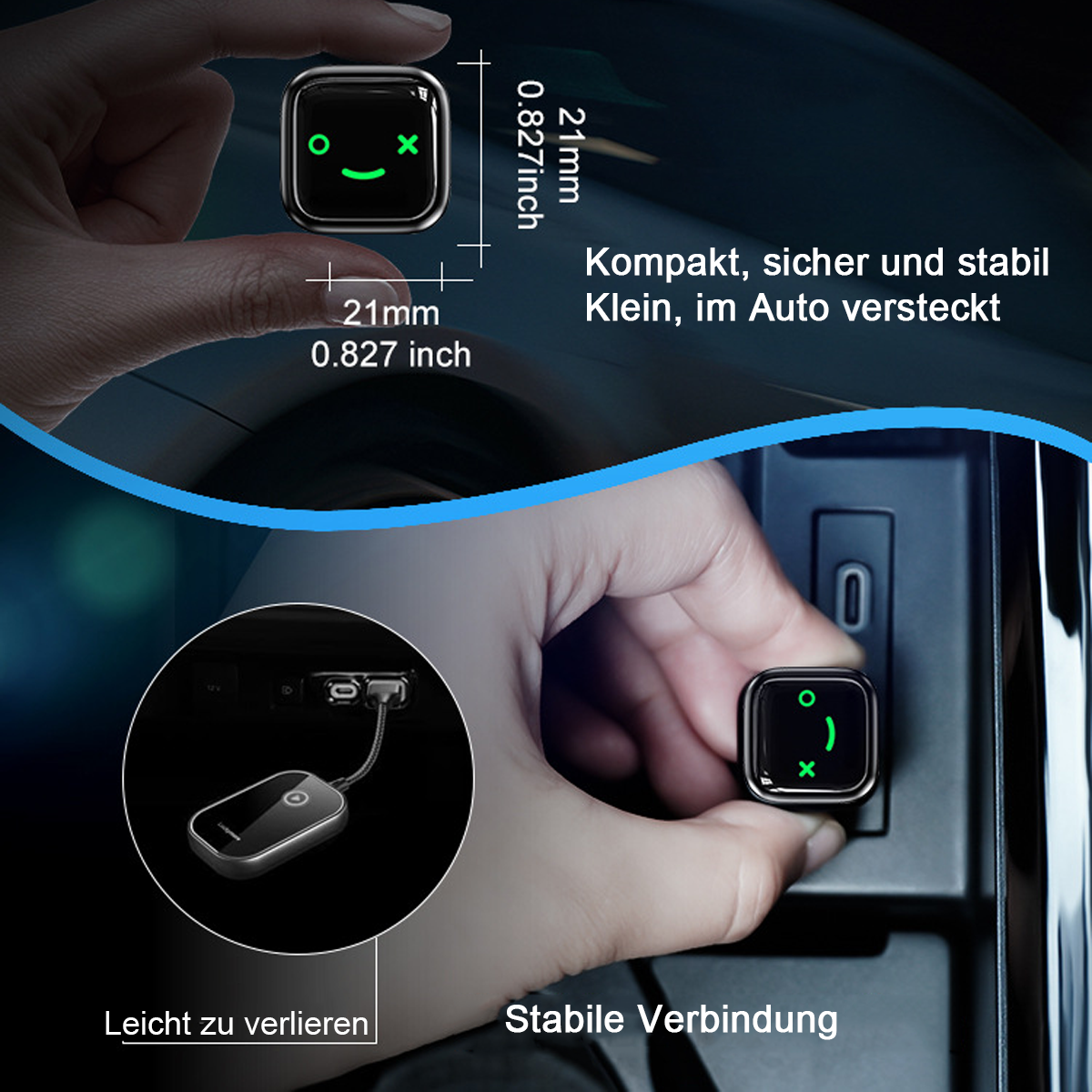 Ein kleines schwarzes Gerät mit einem lächelnden Gesicht mit grünen Augen und einem Pluszeichen. Auch in einem Auto.