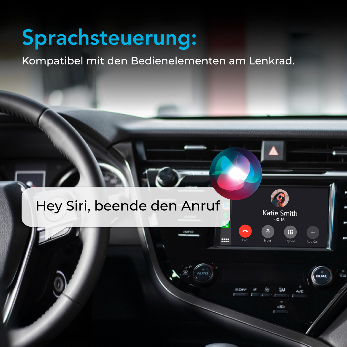 Ein Auto-Innenraum mit einem Bildschirm, der eine Siri-Oberfläche zeigt. Enthält einen Anrufbildschirm mit Katie Smith.