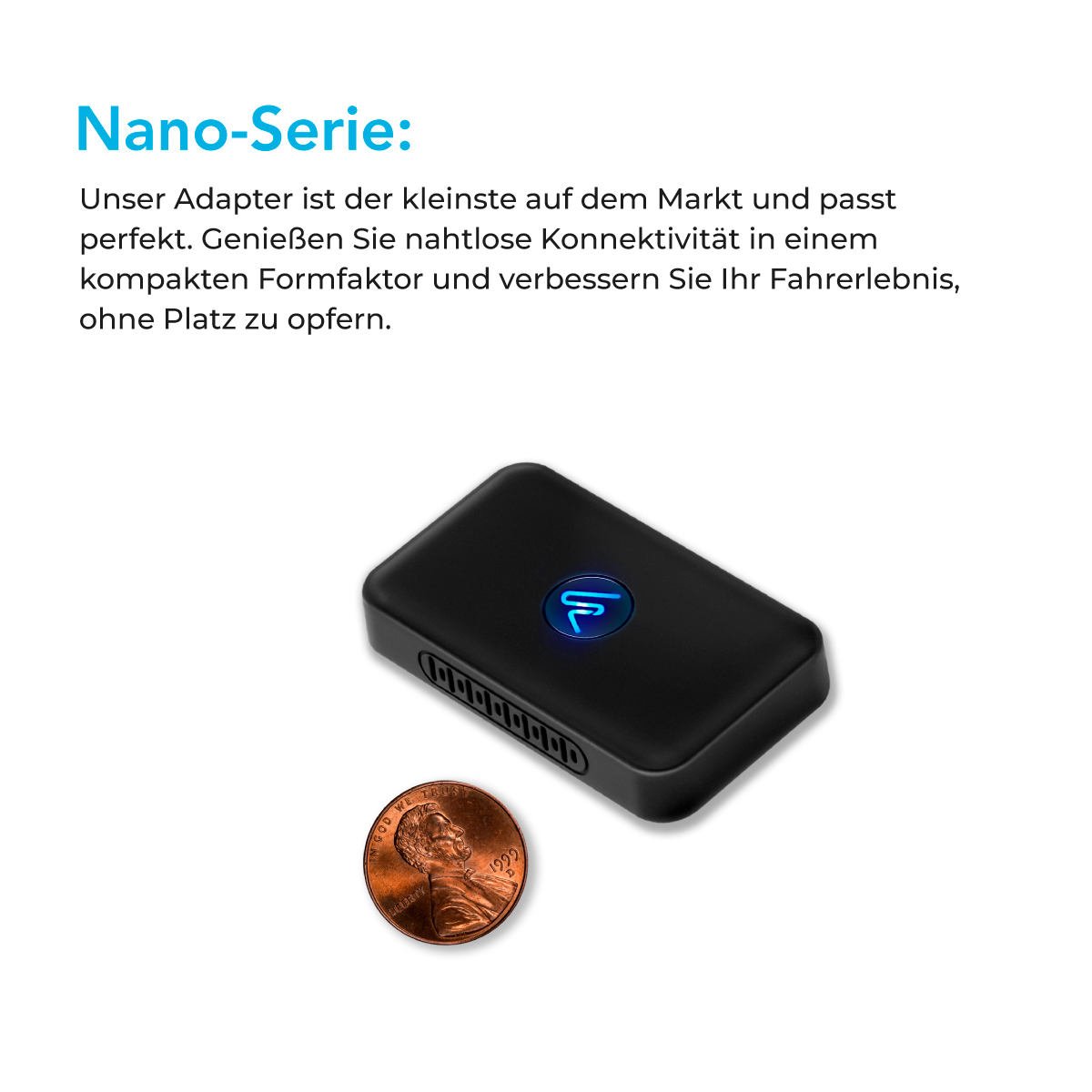 Ein schwarzes Gerät mit blauem Licht neben einem Penny. Text sagt 'Nano-Serie' und 'Liberty'.