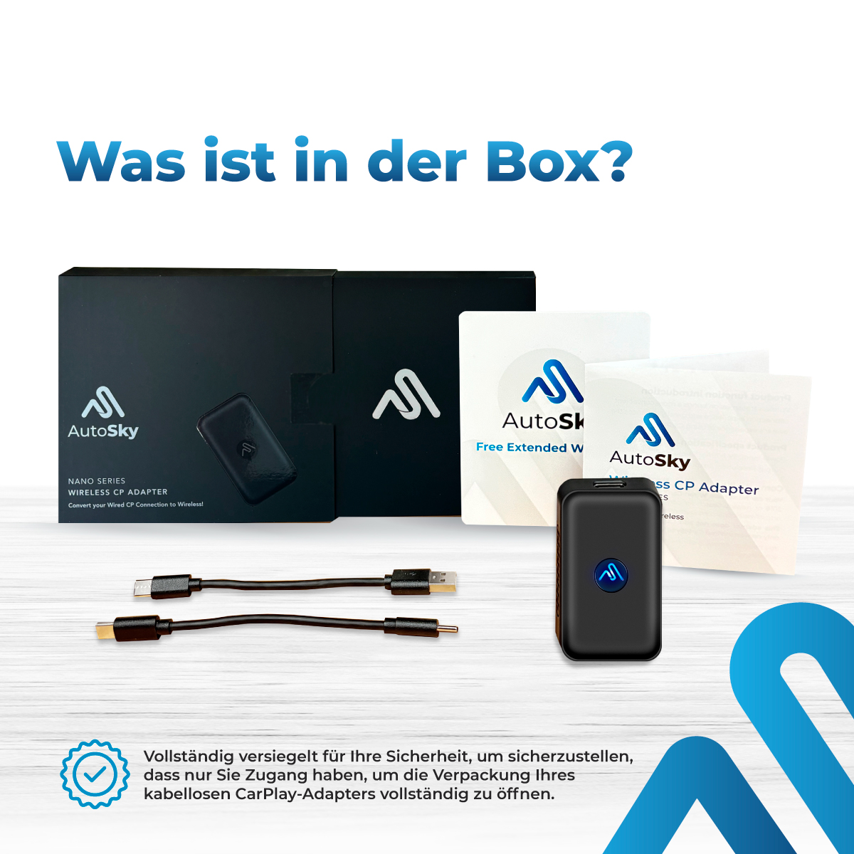 Eine Box mit der Aufschrift 'Was ist in der Box?' mit Produkten, einschließlich Kabeln und dem Produkt selbst.