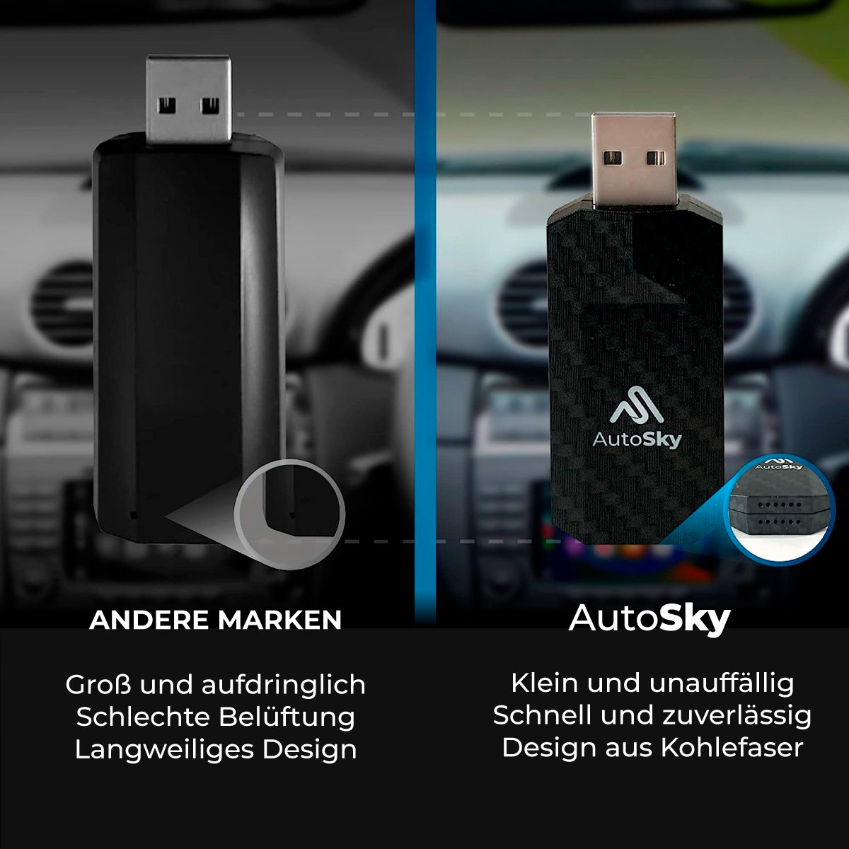 Zwei Kfz-Adapter, einer mit der Aufschrift 'AutoSky', der andere nicht, mit Text, der sie vergleicht.