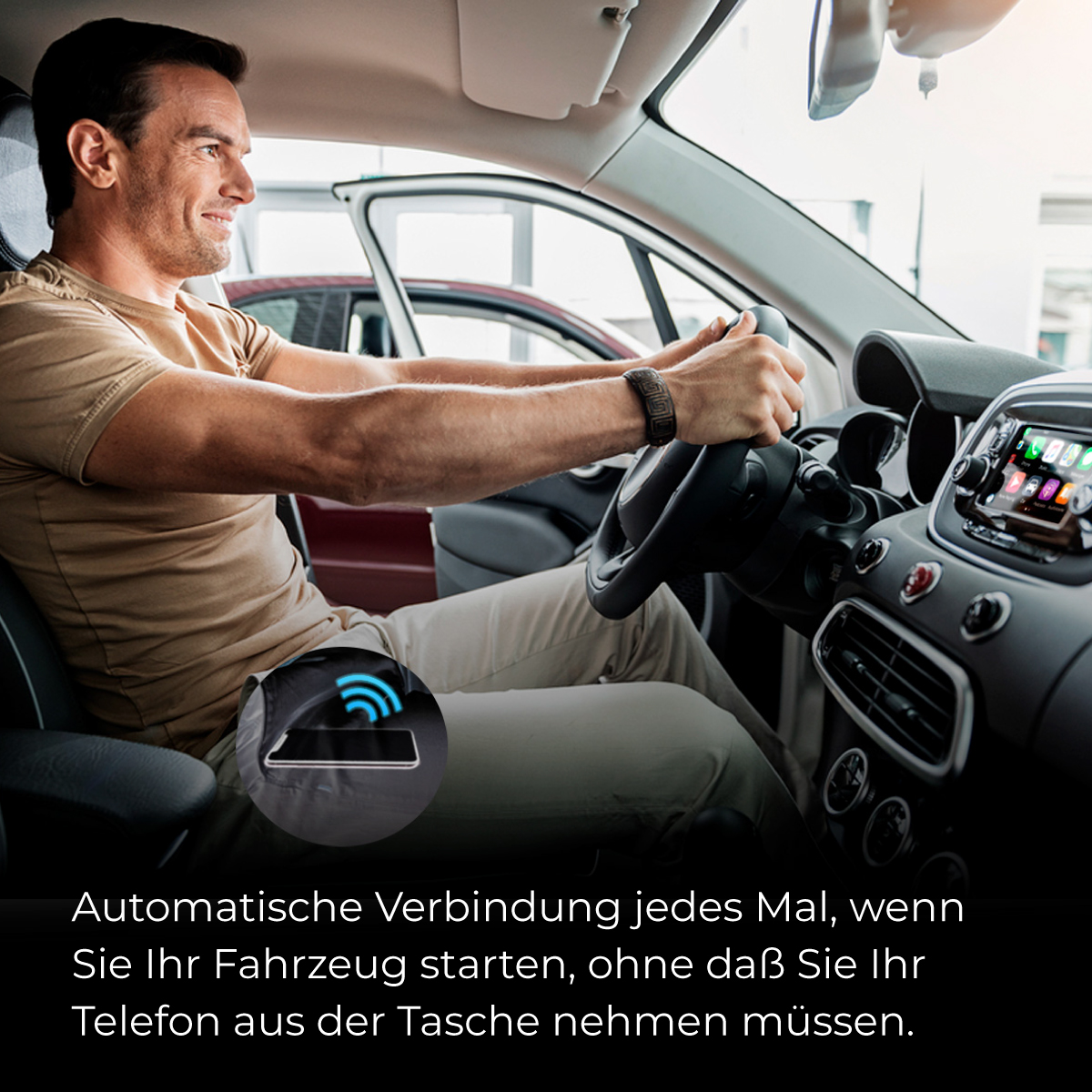Mann im Auto, Lenkrad haltend. Telefon mit blauem WLAN-Signal wird gezeigt.