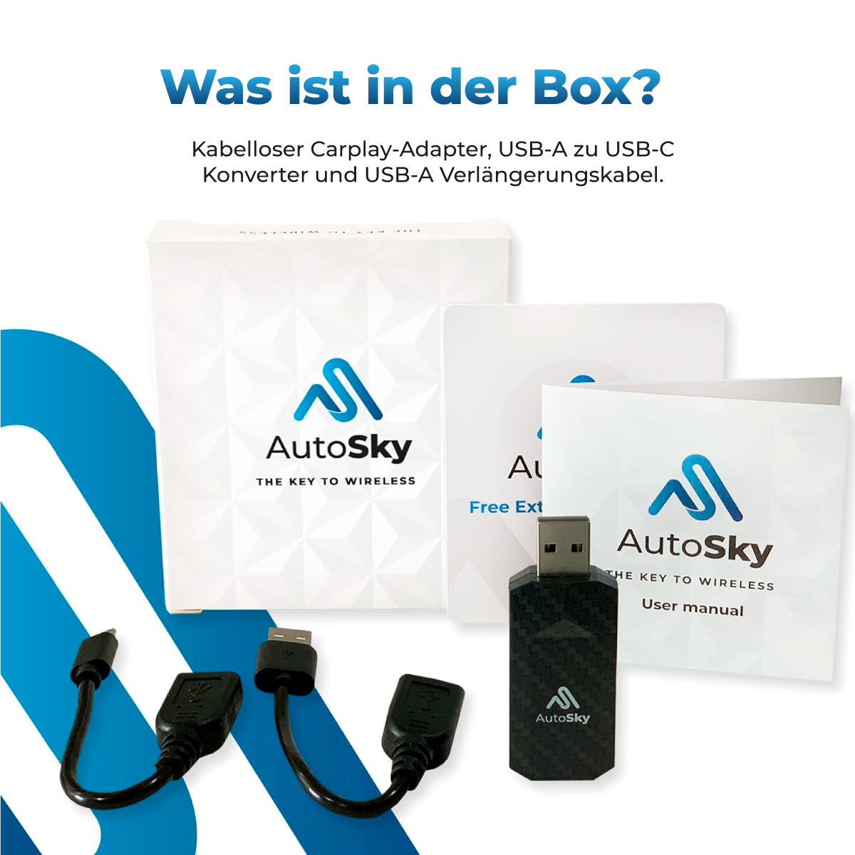 Das Bild zeigt eine Box, einen USB-Adapter, einen USB-A-zu-USB-C-Konverter und Handbücher.