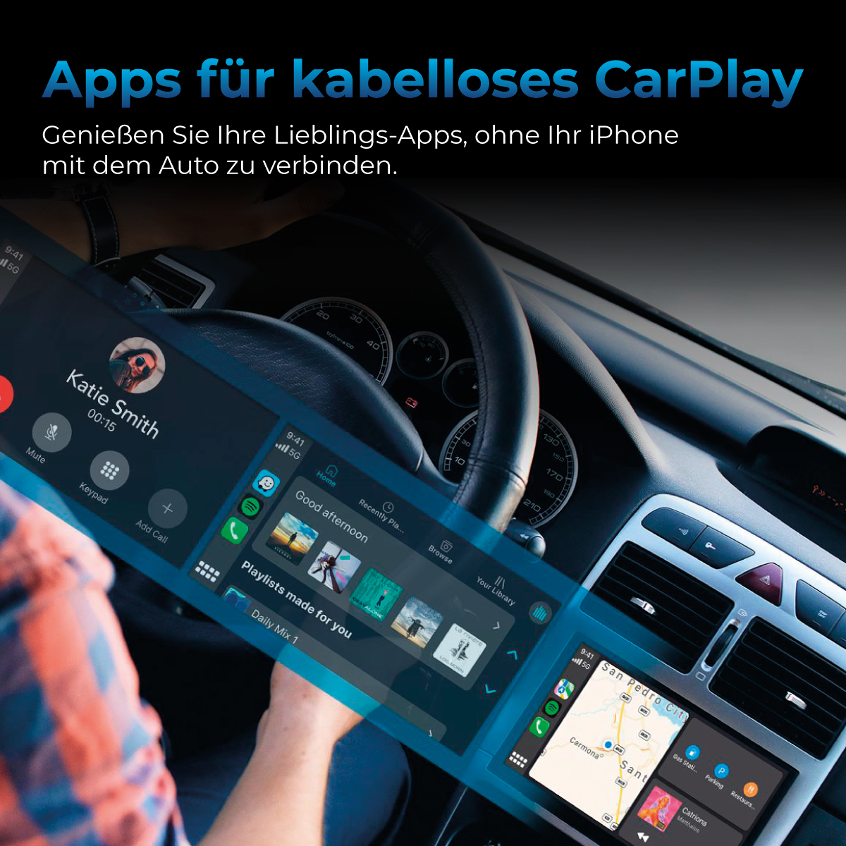 Auto-Dashboard mit Telefonanruf-Bildschirm. Eine Hand am Lenkrad. Hintergrund zeigt ein Auto auf der Straße.