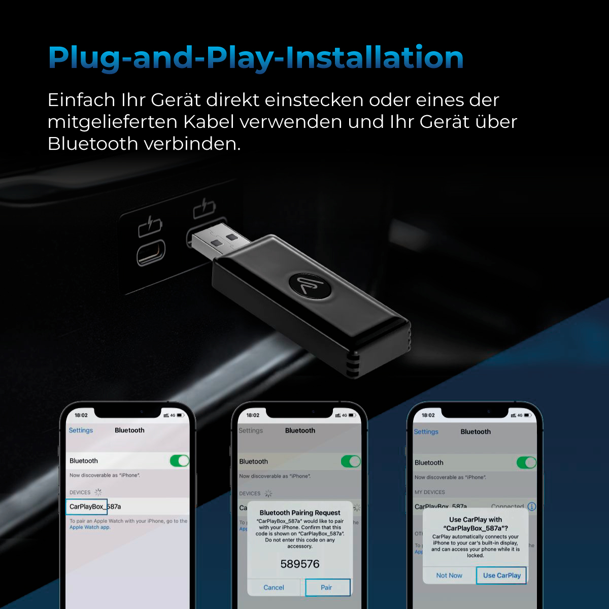 USB-Gerät und drei Telefone mit Bluetooth-Pairing-Bildschirmen. Hintergrund zeigt einen Auto-Innenraum. Weißer Hintergrund.