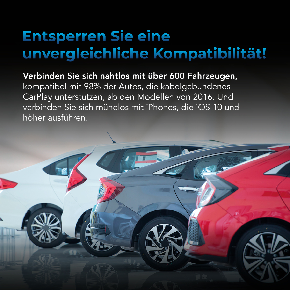 Mehrere Autos parken in einer Reihe. Die Autos sind in verschiedenen Farben. Die Aufnahme erfolgt im Freien.