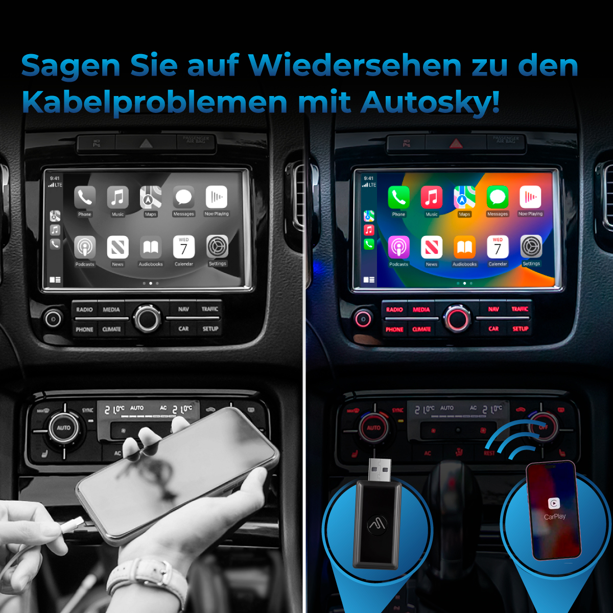 Auto-Dashboard mit zwei Bildschirmen. Einer zeigt ein angeschlossenes Telefon, der andere das USB-Gerät in Gebrauch.