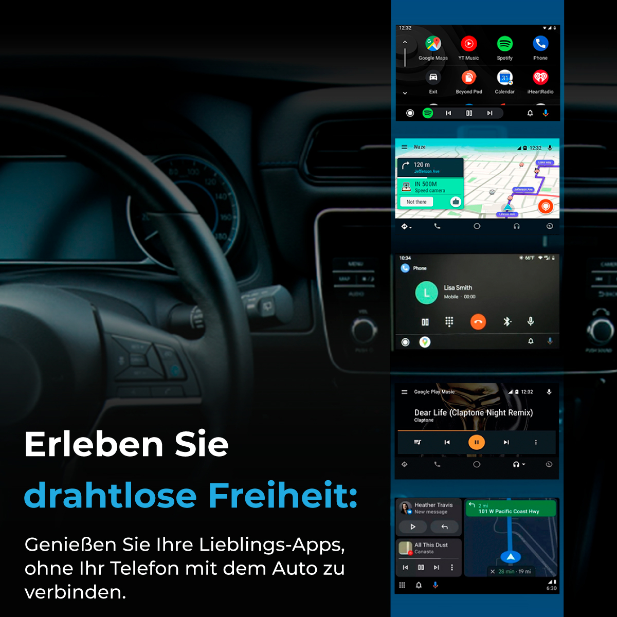Interno auto con schermi che mostrano app e musica. Volante in primo piano. Testo in basso.