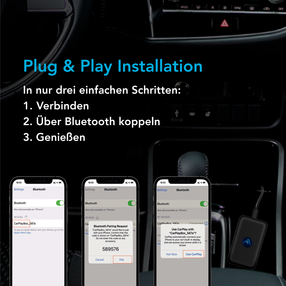 Schermate che mostrano il processo di abbinamento per un dispositivo per auto. Tre schermate con le impostazioni Bluetooth.