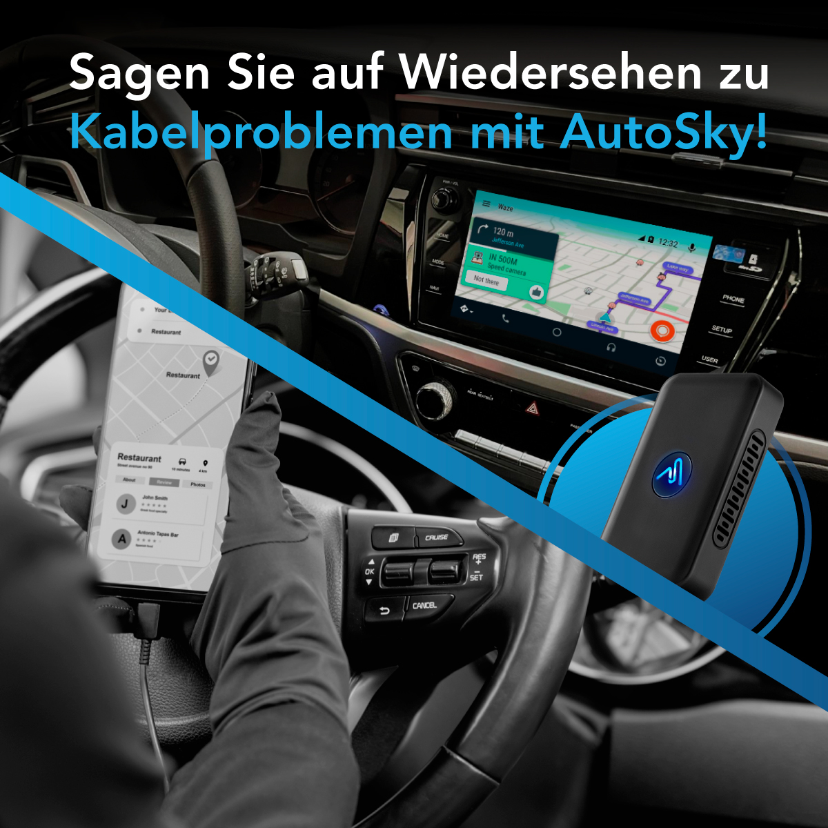 Un interno auto con un telefono che mostra la navigazione. Un dispositivo è visibile, che mostra una mappa, in un'ambientazione auto.
