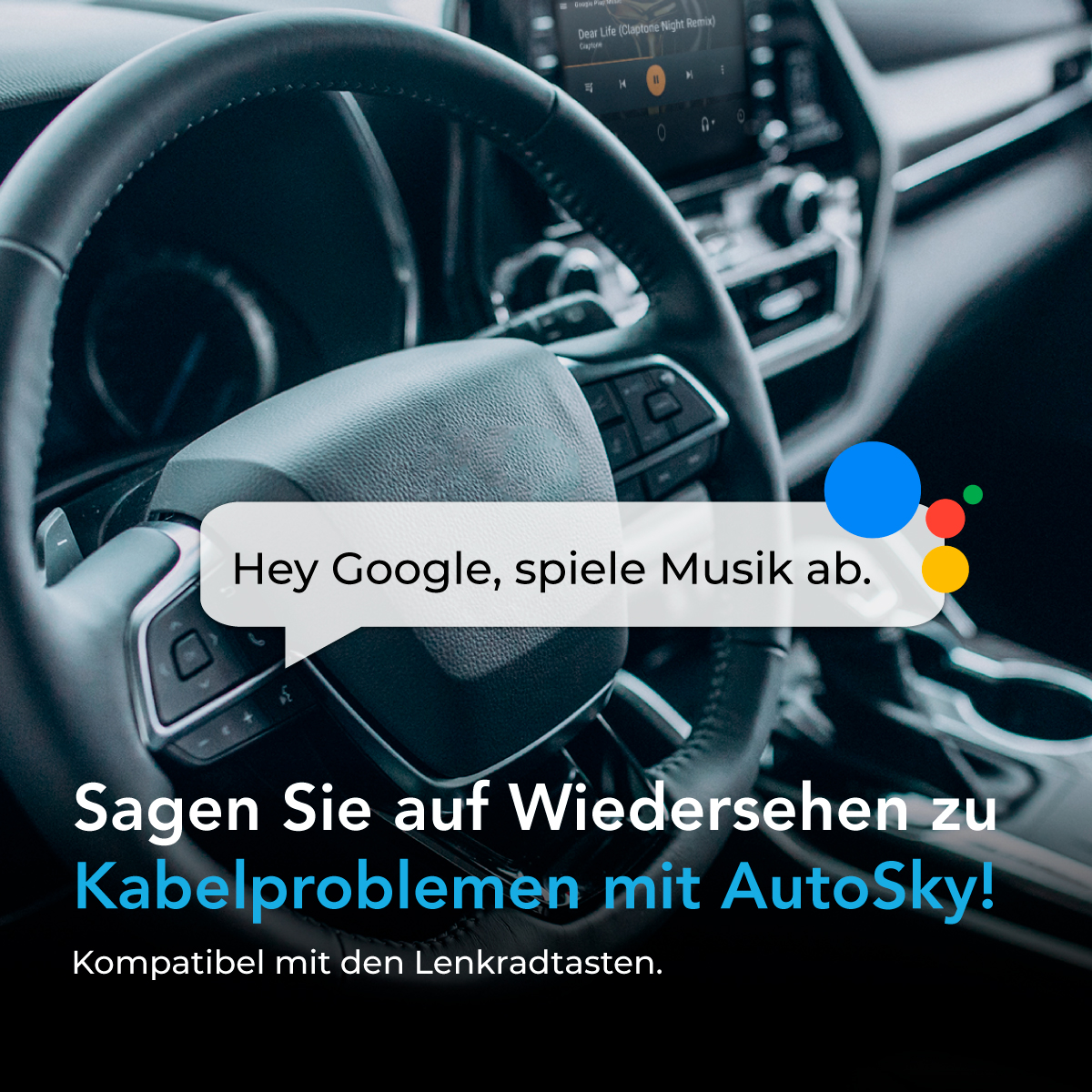 Interno auto con fumetto che dice 'Hey Google, metti musica'. Volante in primo piano. Testo in basso.