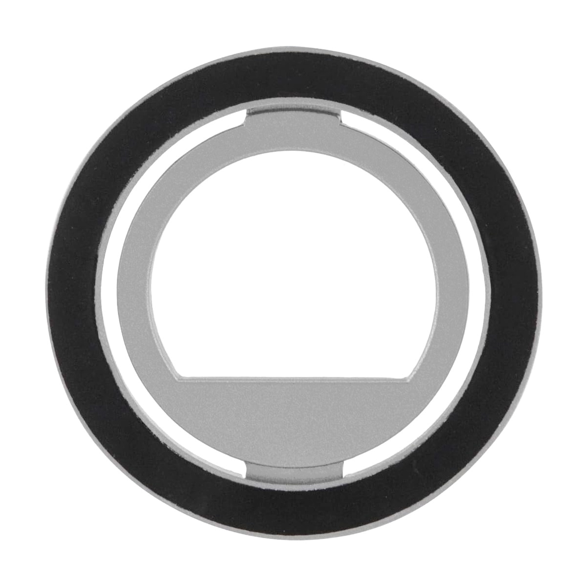 Une bague argentée avec un centre en caoutchouc noir. La bague est argentée métallique.