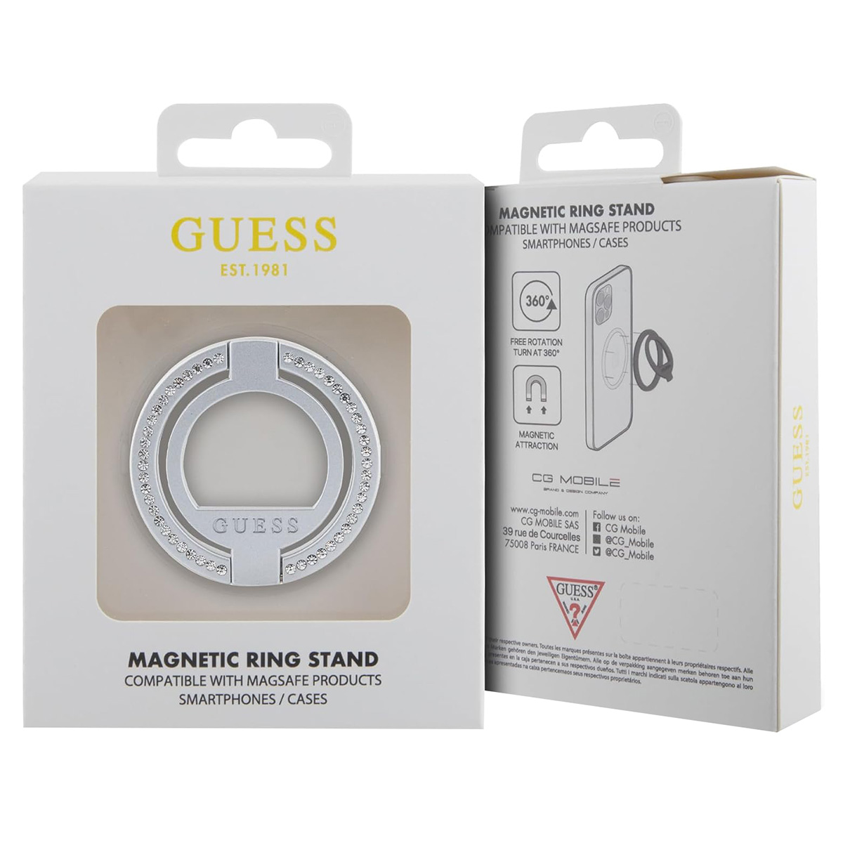 Boîte blanche avec logo Guess et support d'anneau magnétique argenté avec strass. Texte sur la boîte.