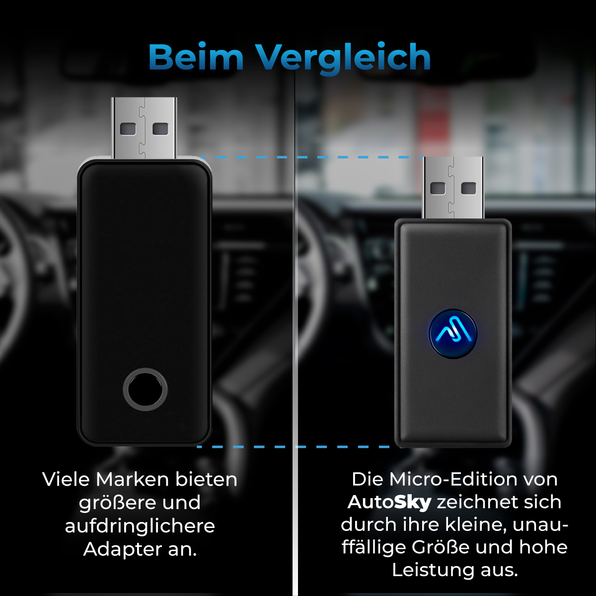 Zwei schwarze USB-Adapter. Einer links, der andere rechts mit blauem Logo. Text auf Deutsch.