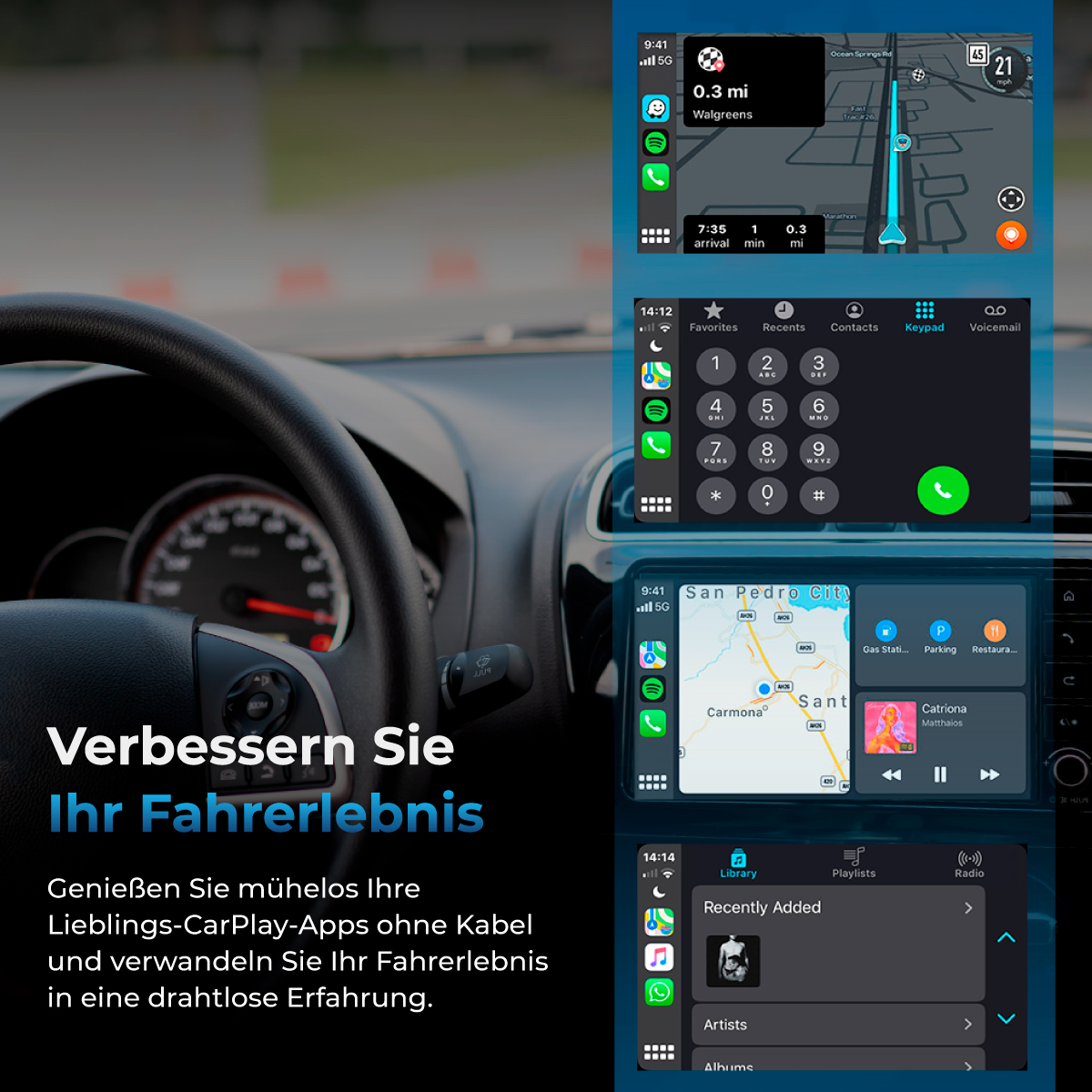 Bildschirme mit Auto-Apps für Navigation, Telefon und Musik. Verschiedene App-Symbole werden angezeigt.