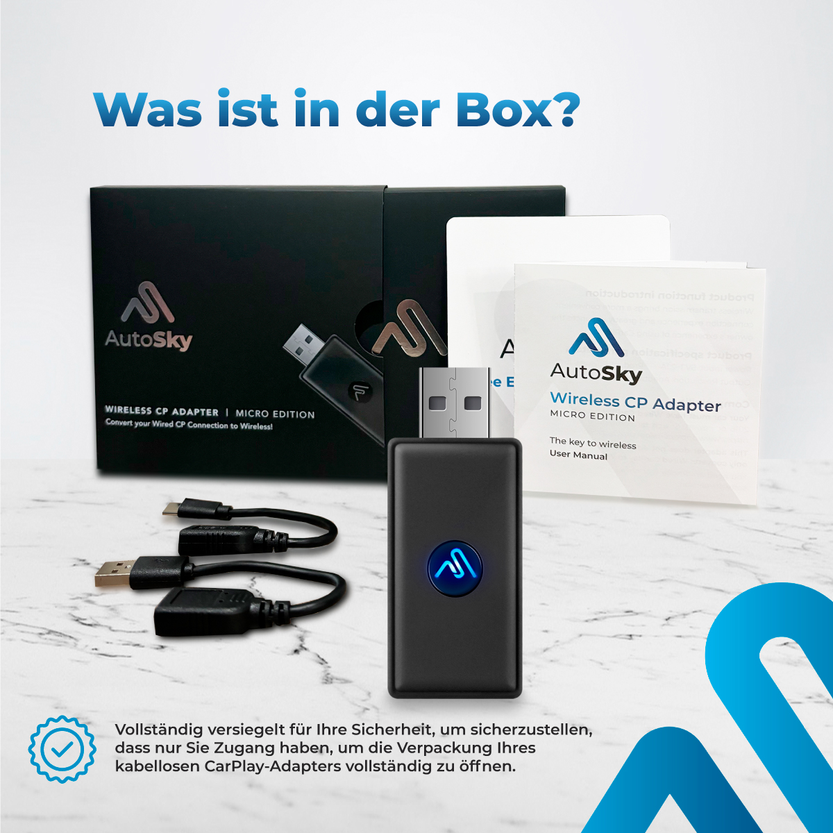 Box mit AutoSky Wireless CP Adapter. USB-Adapter und Kabel. Text auf Deutsch.