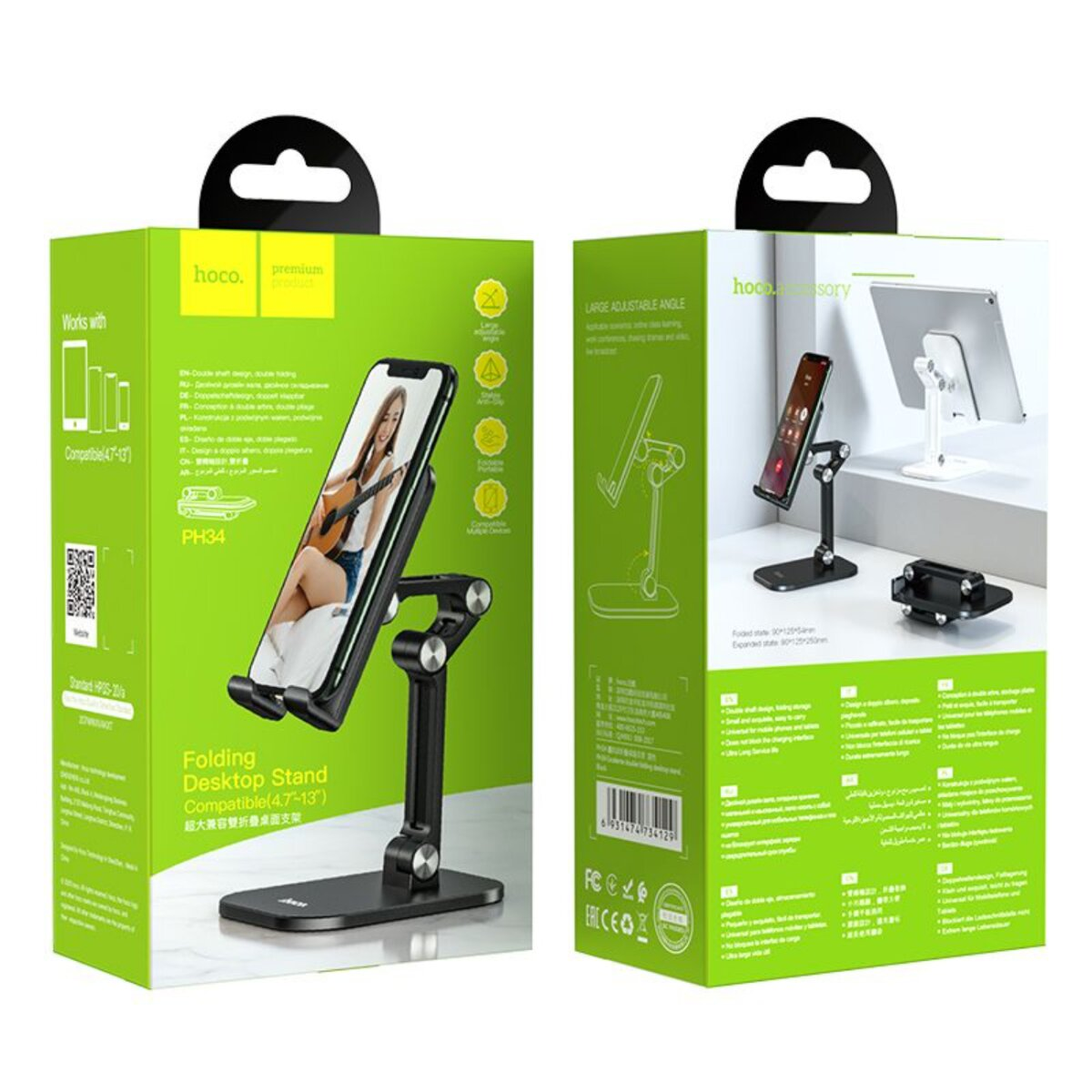 Doos met afbeeldingen van een telefoonstandaard die een telefoon en een tablet vasthoudt. Tekst in meerdere talen.