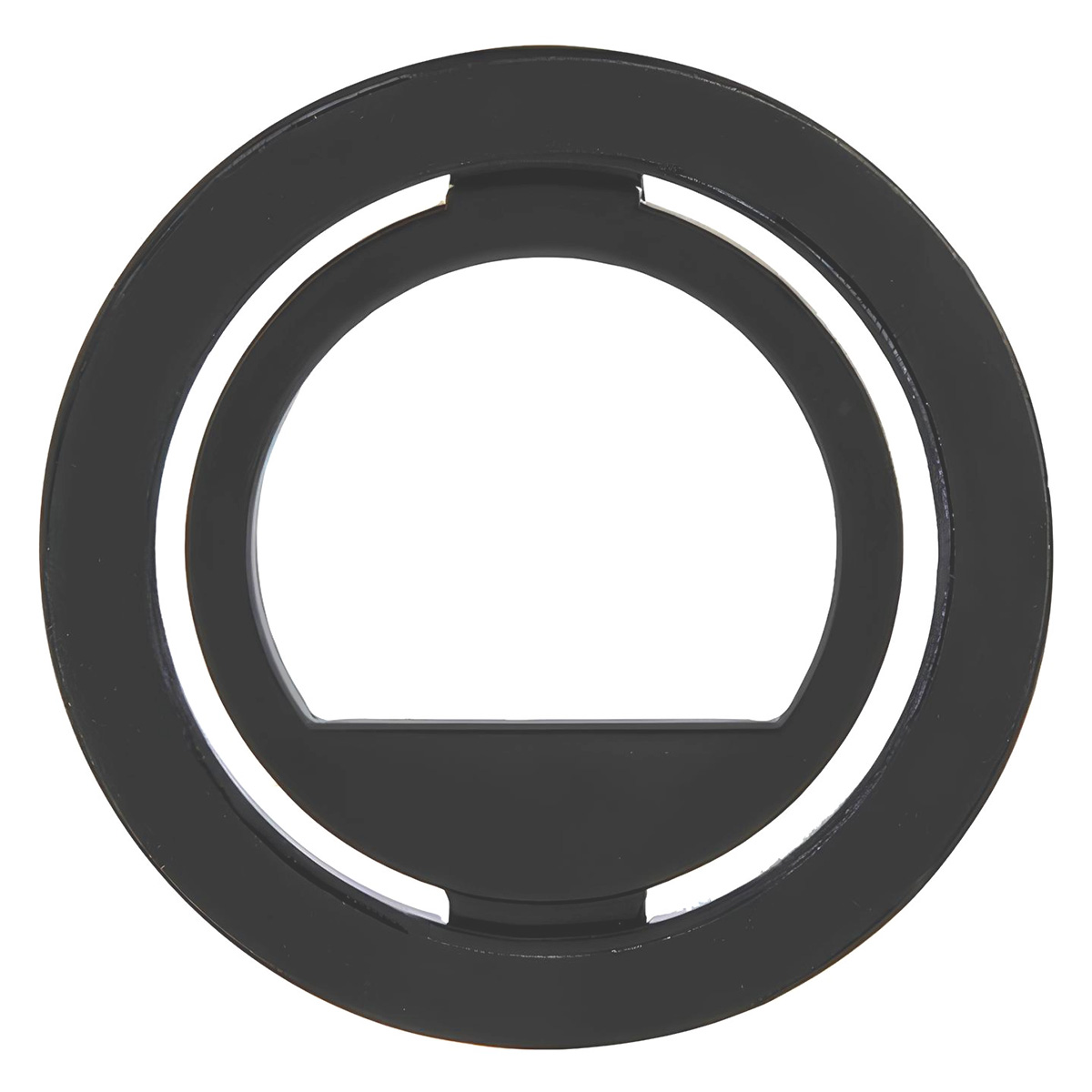 Ein schwarzes ringförmiges Objekt mit einem Ausschnitt an der Unterseite. Das Design ist kreisförmig und modern.