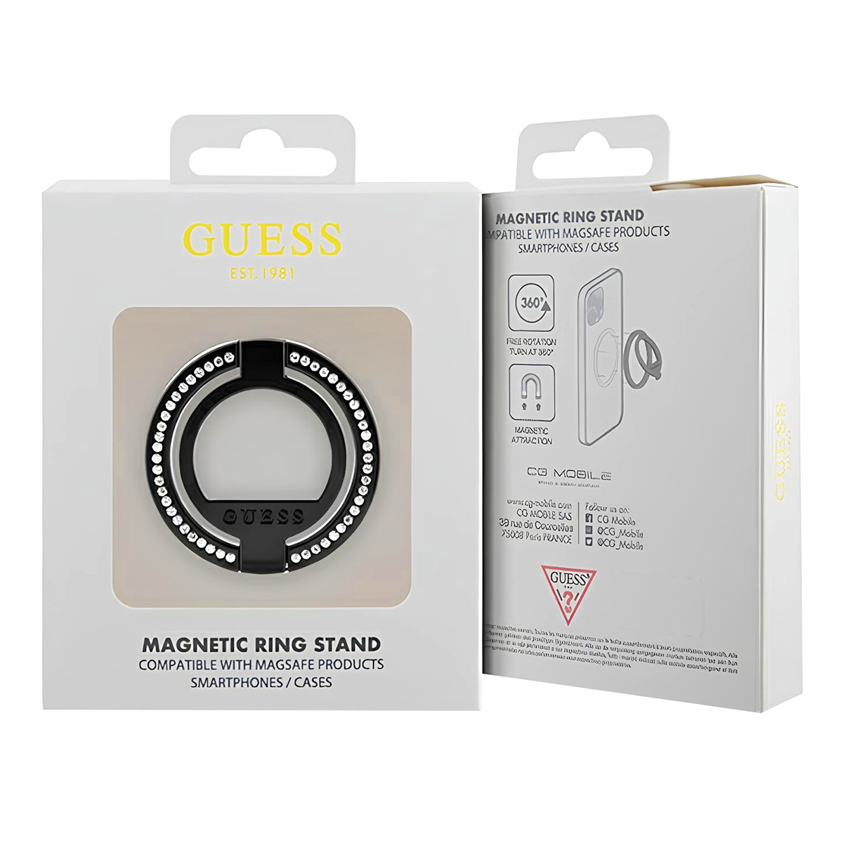 Weiße Box mit Guess-Logo und schwarzem magnetischen Ringständer. Text auf der Box.