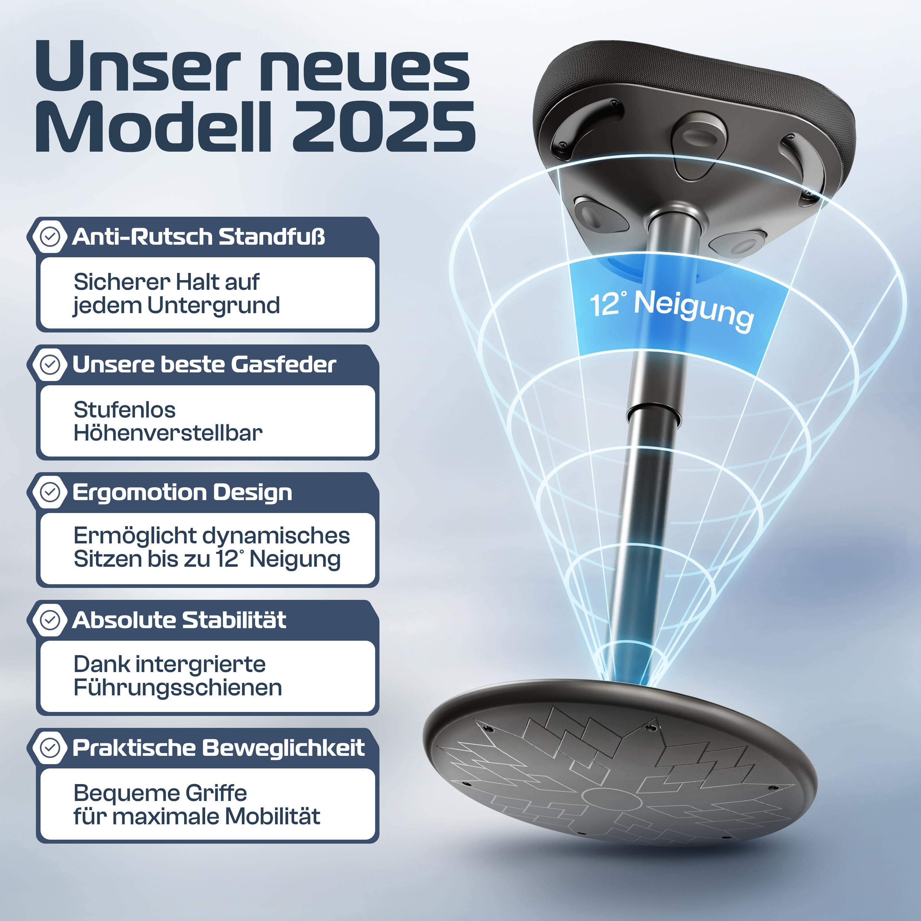 Ein ergonomischer Stehtisch mit runder Basis und 12° Neigung. Ein stuhlähnliches Design für Komfort.