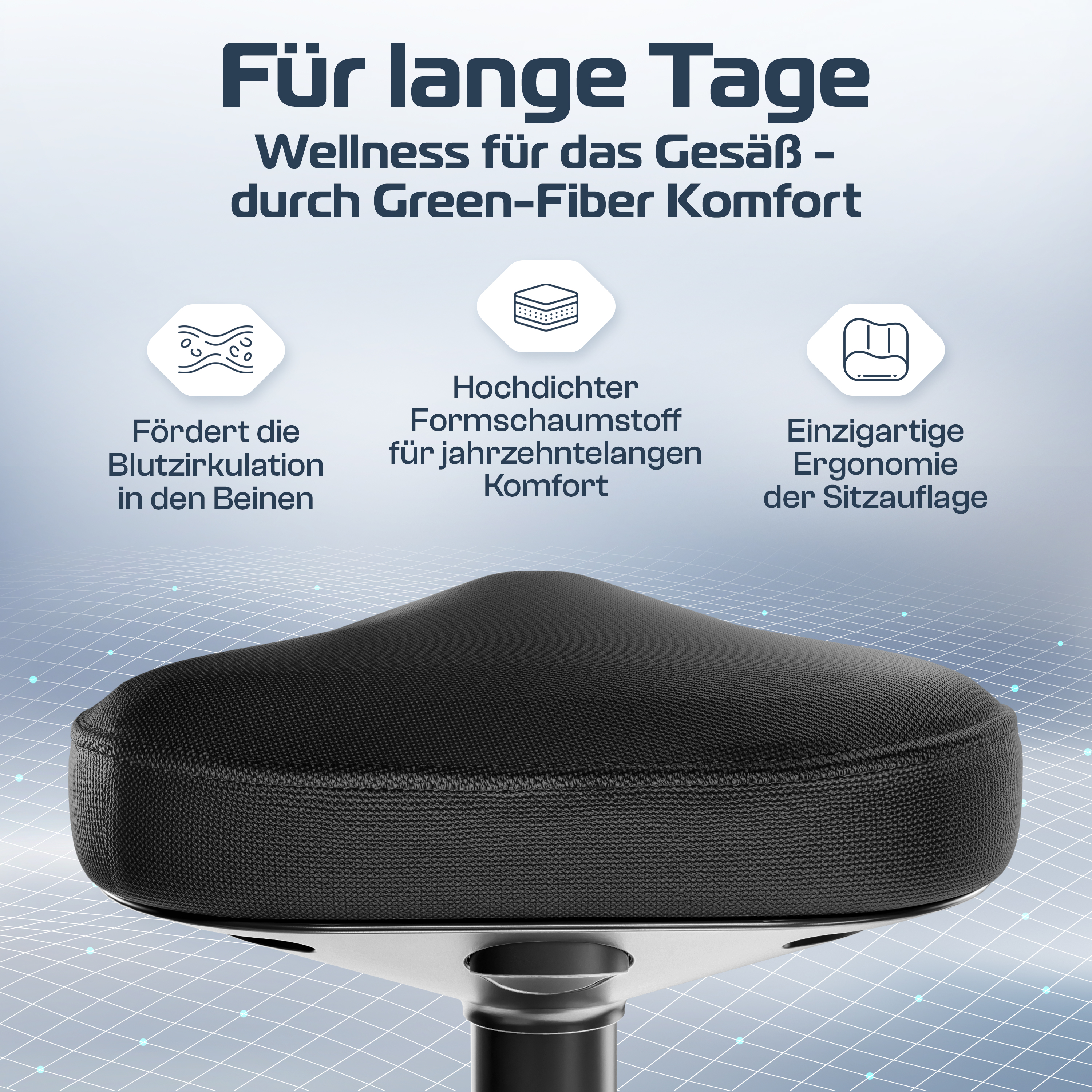 Bild zeigt einen schwarzen ergonomischen Sitz. Text hebt Vorteile wie Blutzirkulation und Komfort hervor.