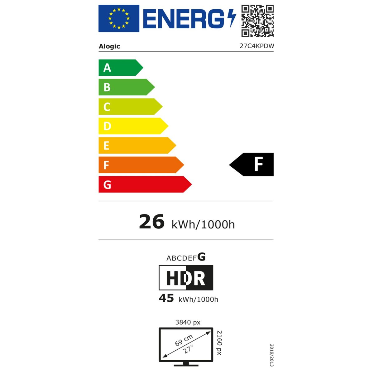 Etykieta energetyczna z ocenami A-G, F wyróżnione, 26 kWh/1000h, HDR, 45 kWh/1000h, wymiary i rozdzielczość ekranu.