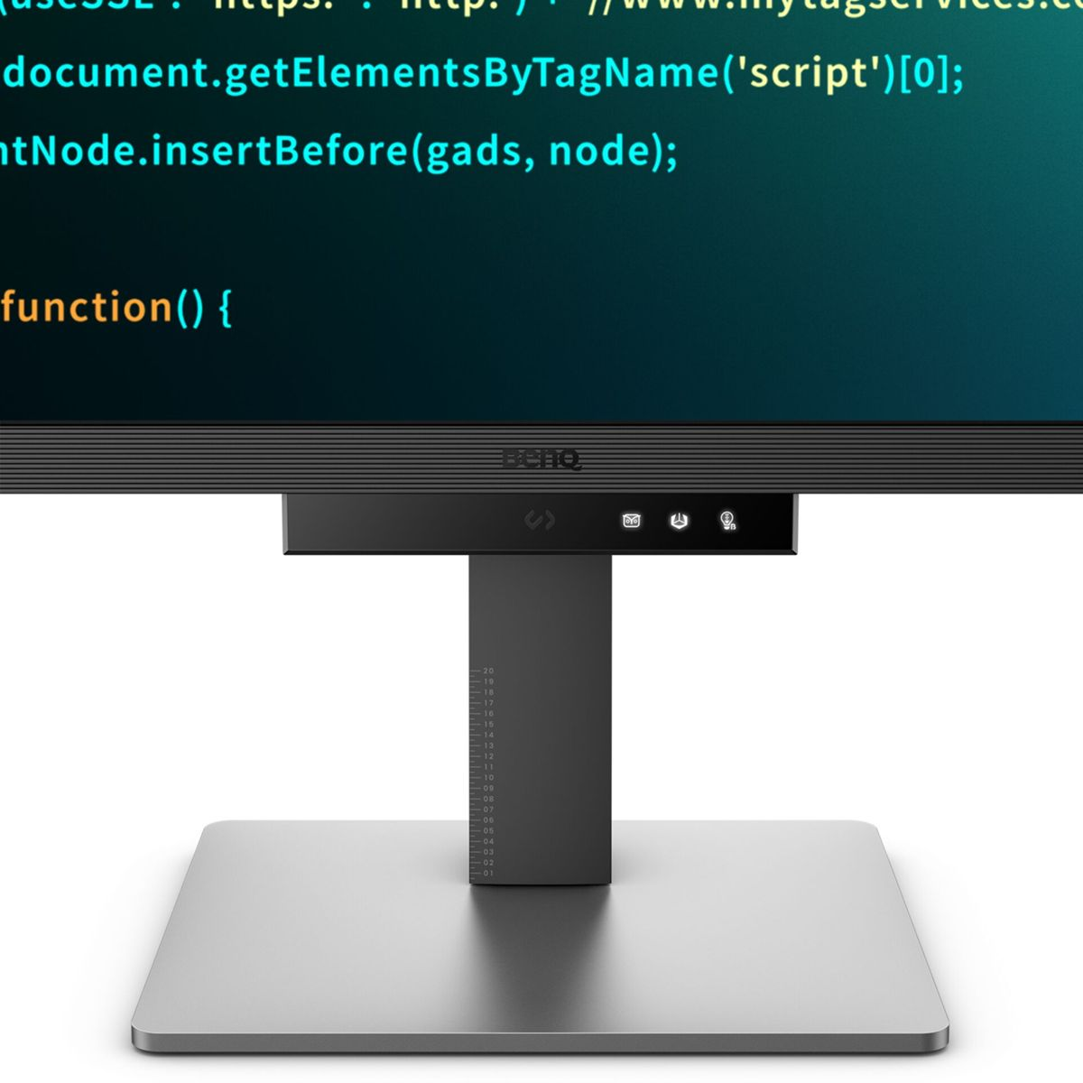 Zbliżenie podstawy i stojaka monitora. Stojak jest srebrny i czarny.