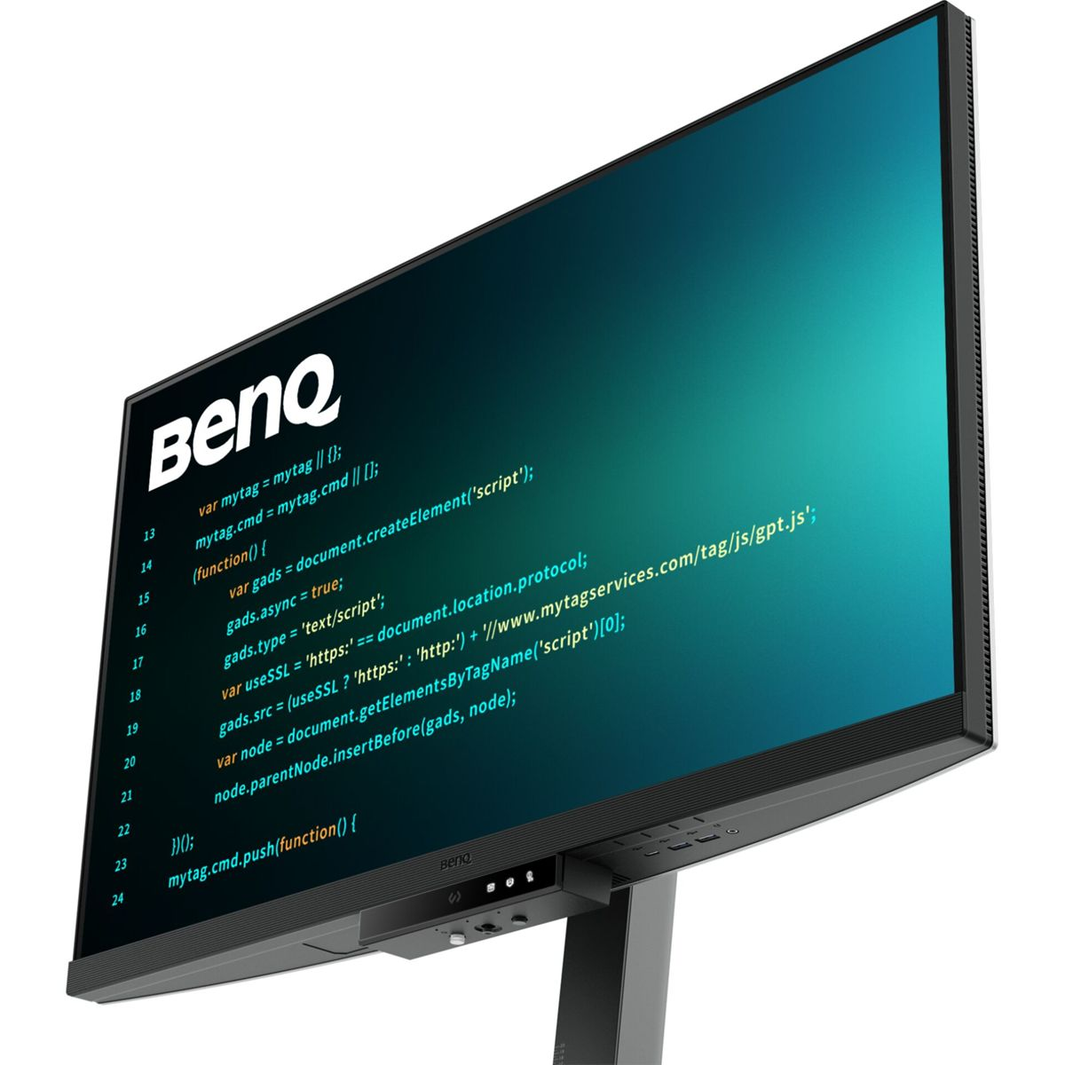 Monitor BenQ wyświetla kod na ekranie. Ekran jest głównie turkusowy. Logo marki znajduje się na górze.
