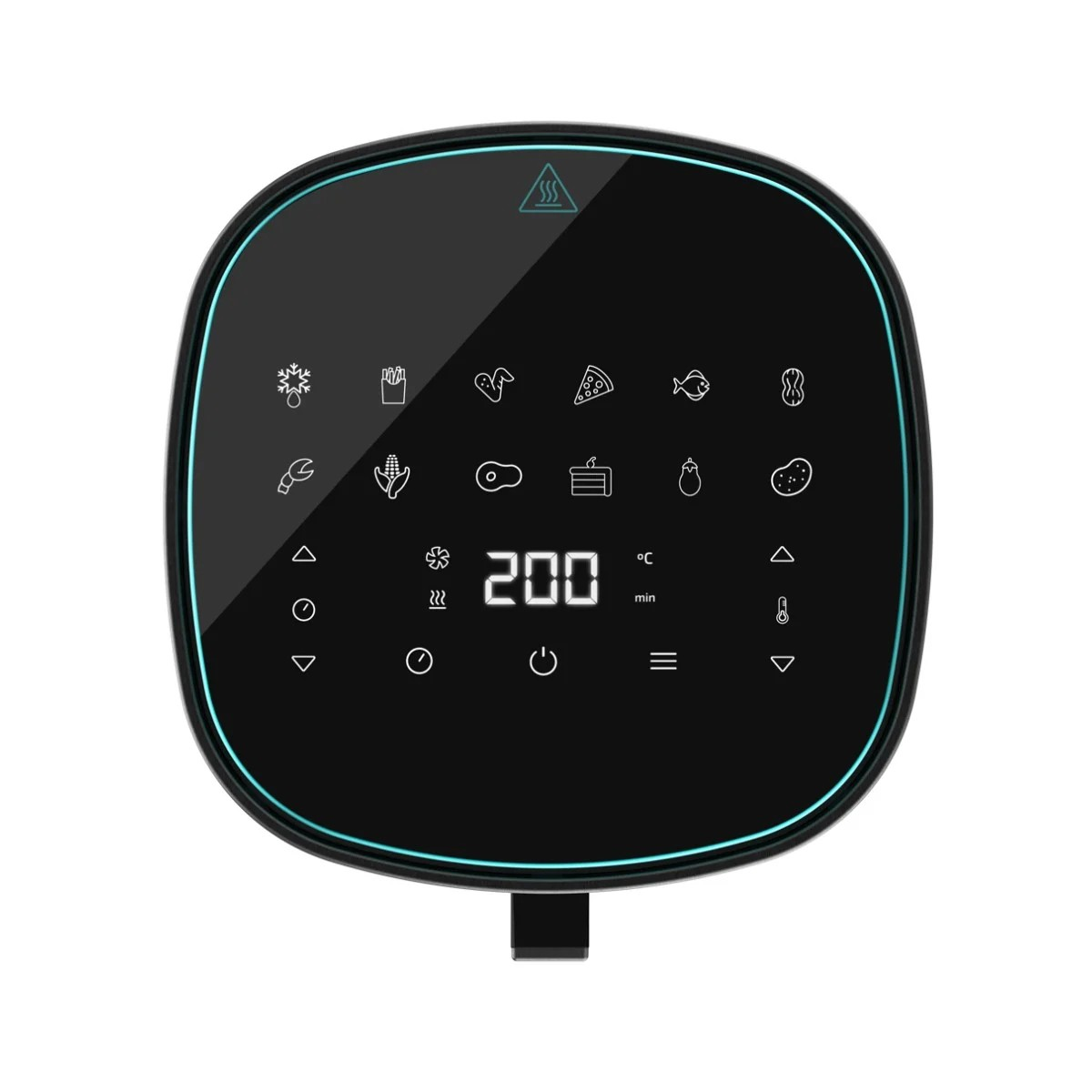 Primer plano del panel de control de una freidora de aire negra con pantalla digital e iconos de cocción.