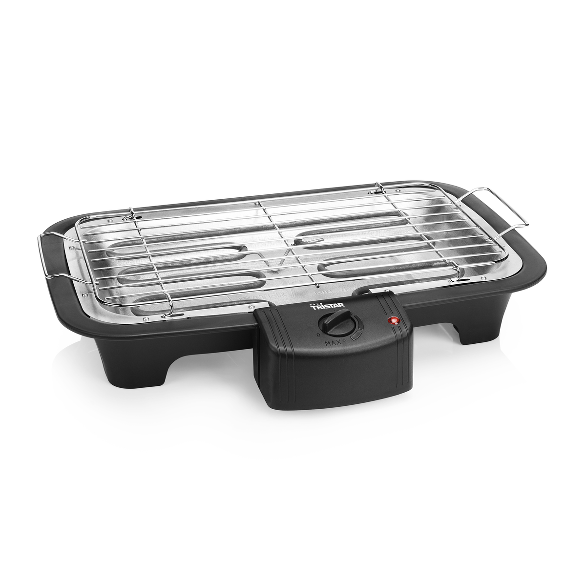 Griglia elettrica con base nera e manopola di controllo della temperatura. Sfondo bianco.