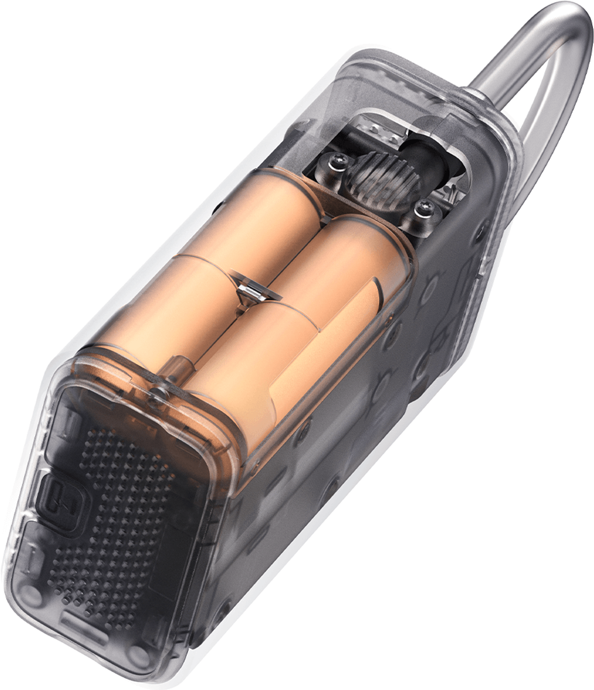 İç bileşenleri gösteren şeffaf bir cihaz. İçinde iki turuncu pil. Beyaz zemin.