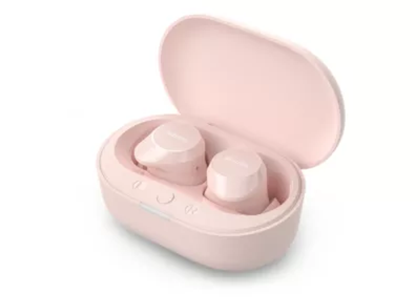 Auricolari wireless rosa in una custodia di ricarica rosa aperta. Auricolari visibili.