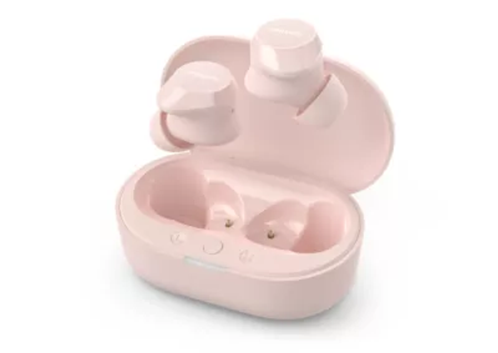 Auricolari wireless rosa e custodia di ricarica. Sfondo bianco. Custodia aperta con auricolari all'interno.
