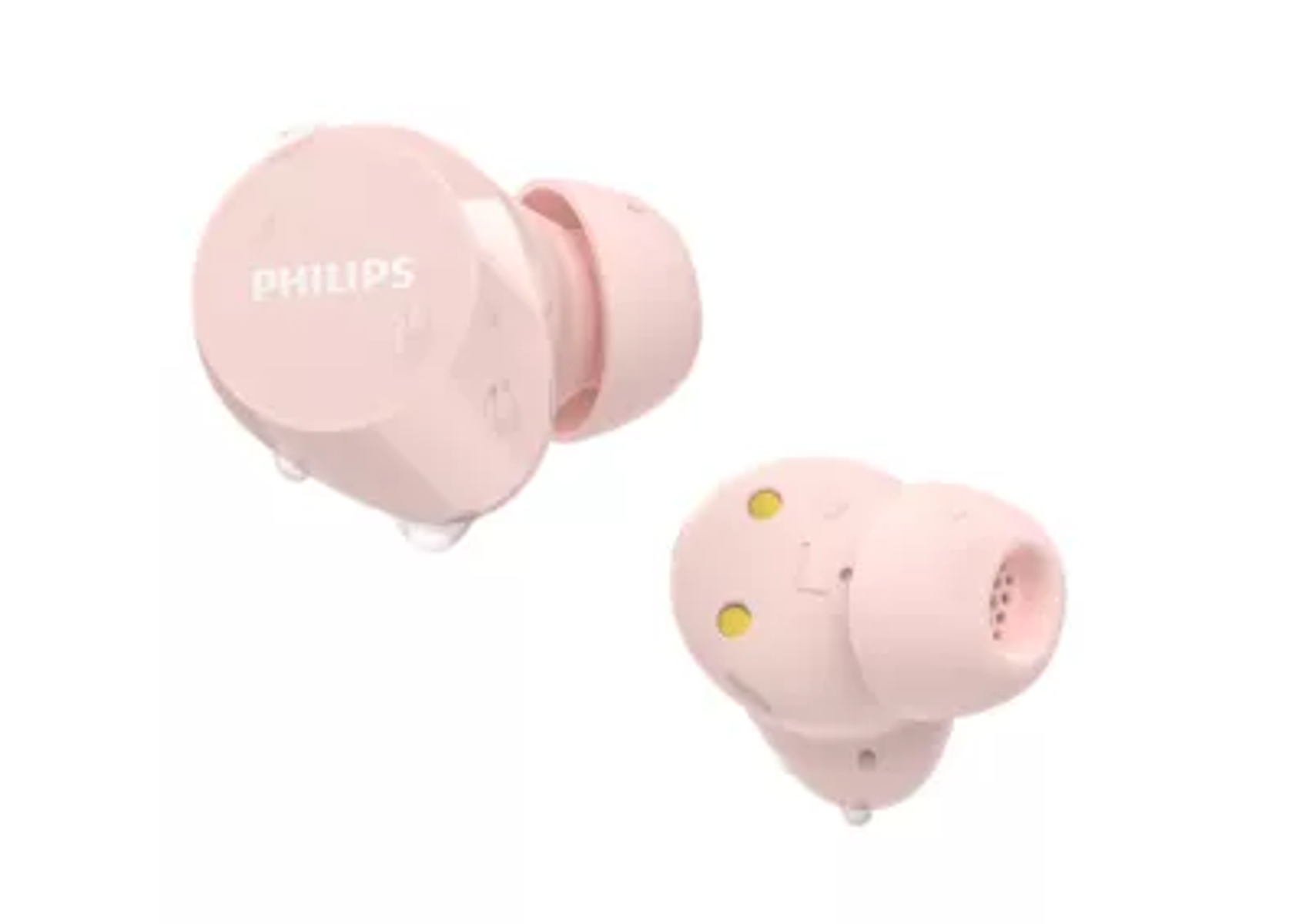 Due auricolari wireless rosa con sfondo chiaro. Gli auricolari sono in primo piano.