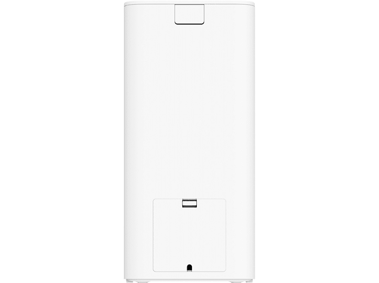 Un comedero automático blanco para mascotas, con una puerta para acceder al compartimento de comida. El fondo es negro.