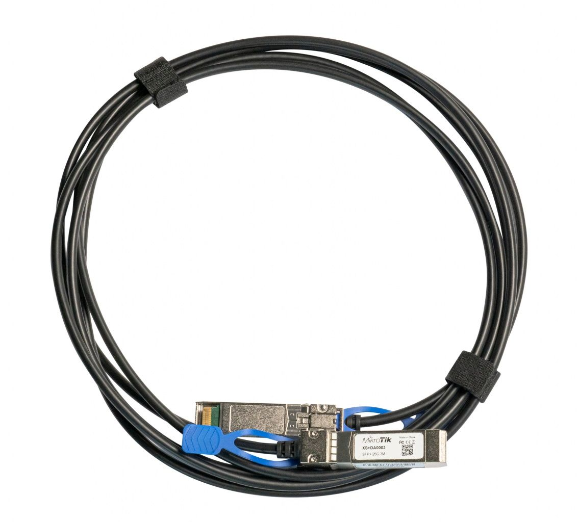Cavo nero ad anello con due connettori, uno con l'etichetta Mikrotik. Clip blu fissano i connettori. Sfondo bianco.