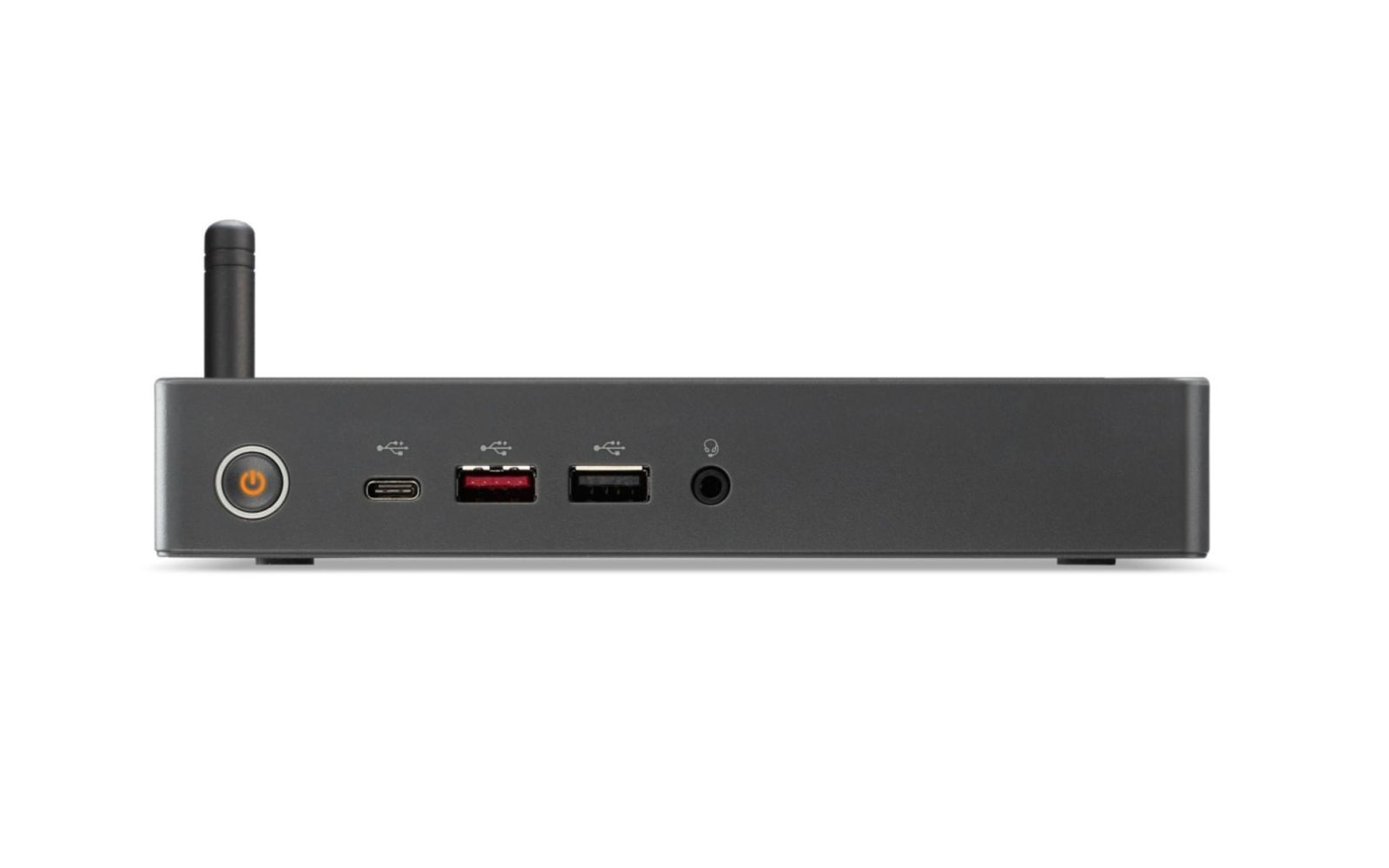 Un mini PC grigio con porte, un pulsante di accensione e un'antenna. Lo sfondo è bianco.