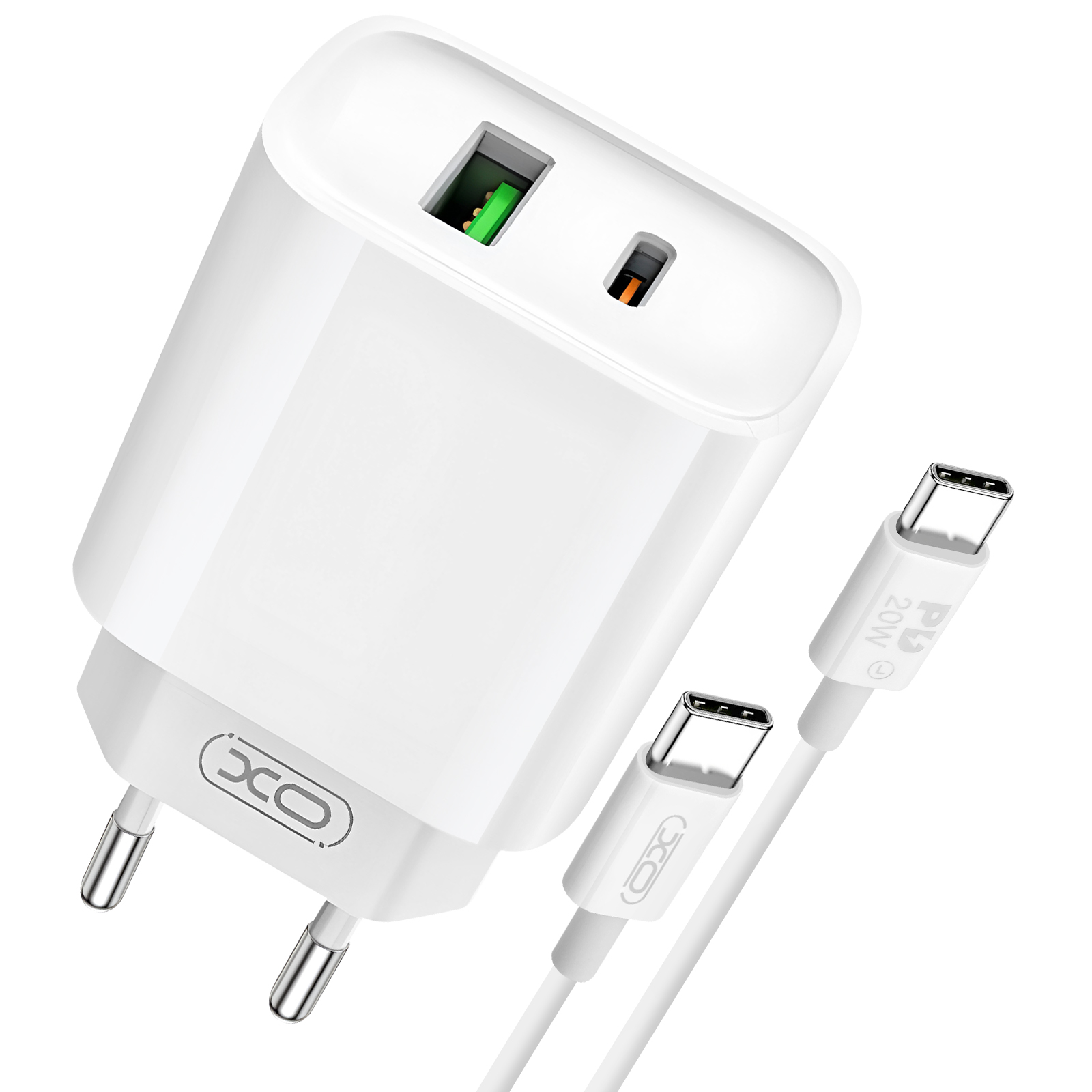 Ein weißes Ladegerät mit zwei Anschlüssen und einem angeschlossenen weißen Kabel. Das Kabel hat einen Typ-C-Anschluss.