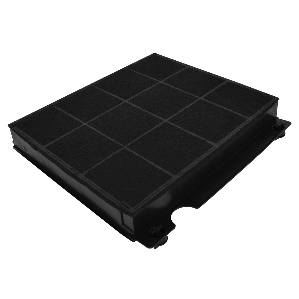 Ein schwarzer quadratischer Filter mit Gittermuster. Der Filter ist abgewinkelt, wodurch seine Seite sichtbar wird. Der Hintergrund ist weiß.