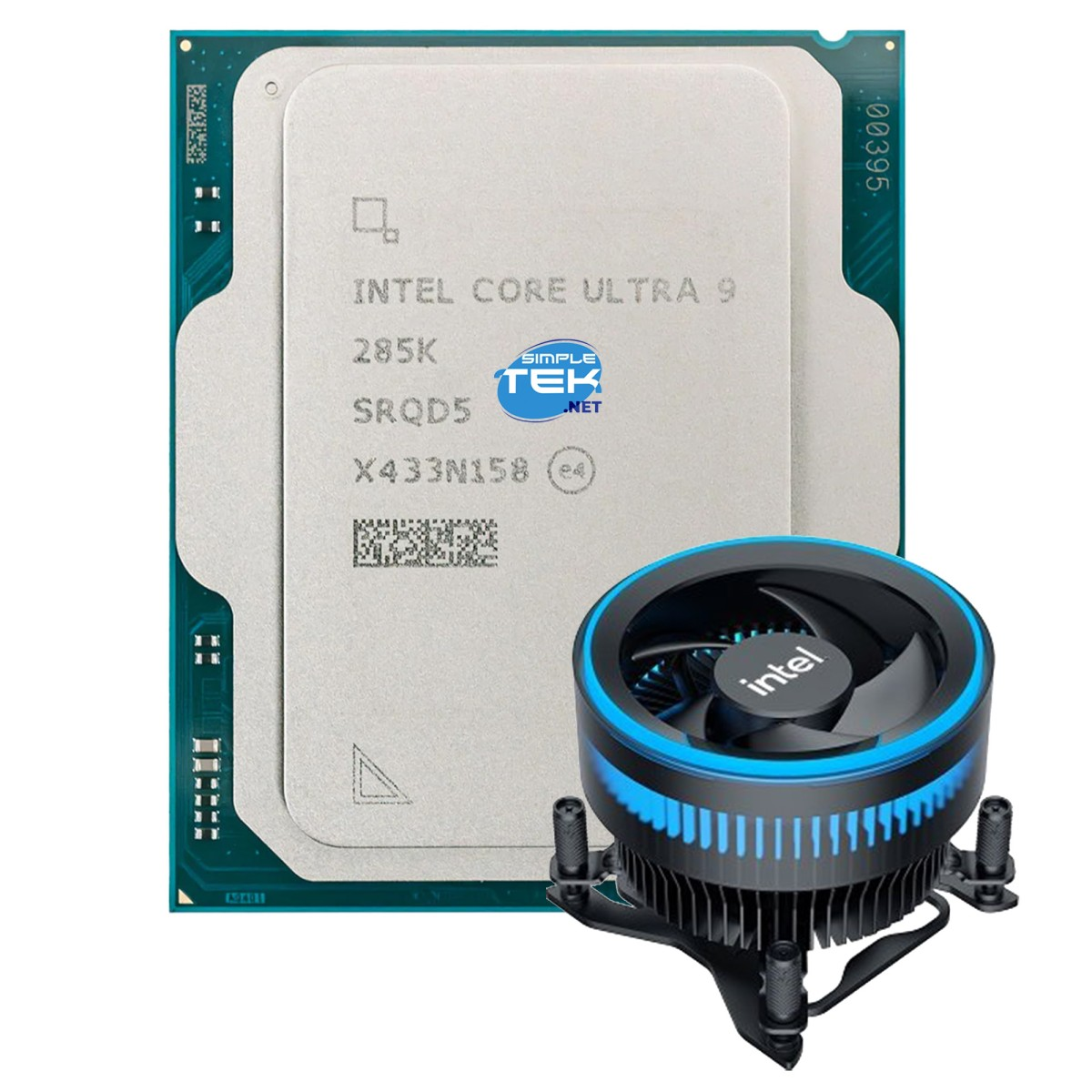 Procesor Intel Core Ultra 9 z wentylatorem chłodzącym. Procesor ma tekst i cyfry. Wentylator ma niebieskie światła.