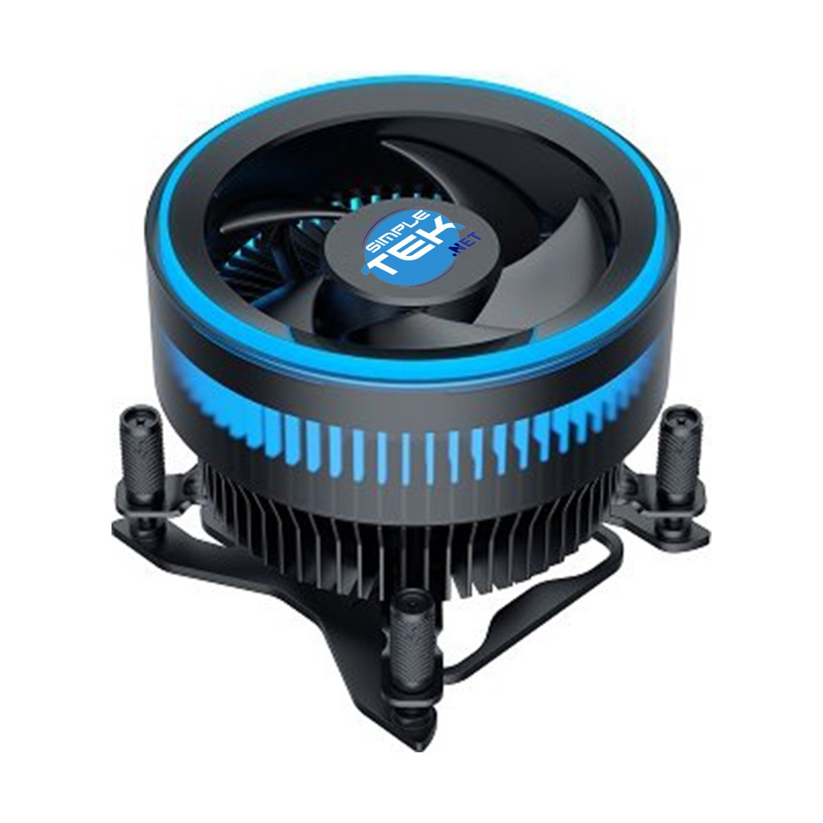 Zbliżenie wentylatora chłodzącego w kolorach czarnym i niebieskim. Logo Simple Tek Net jest widoczne na wentylatorze.