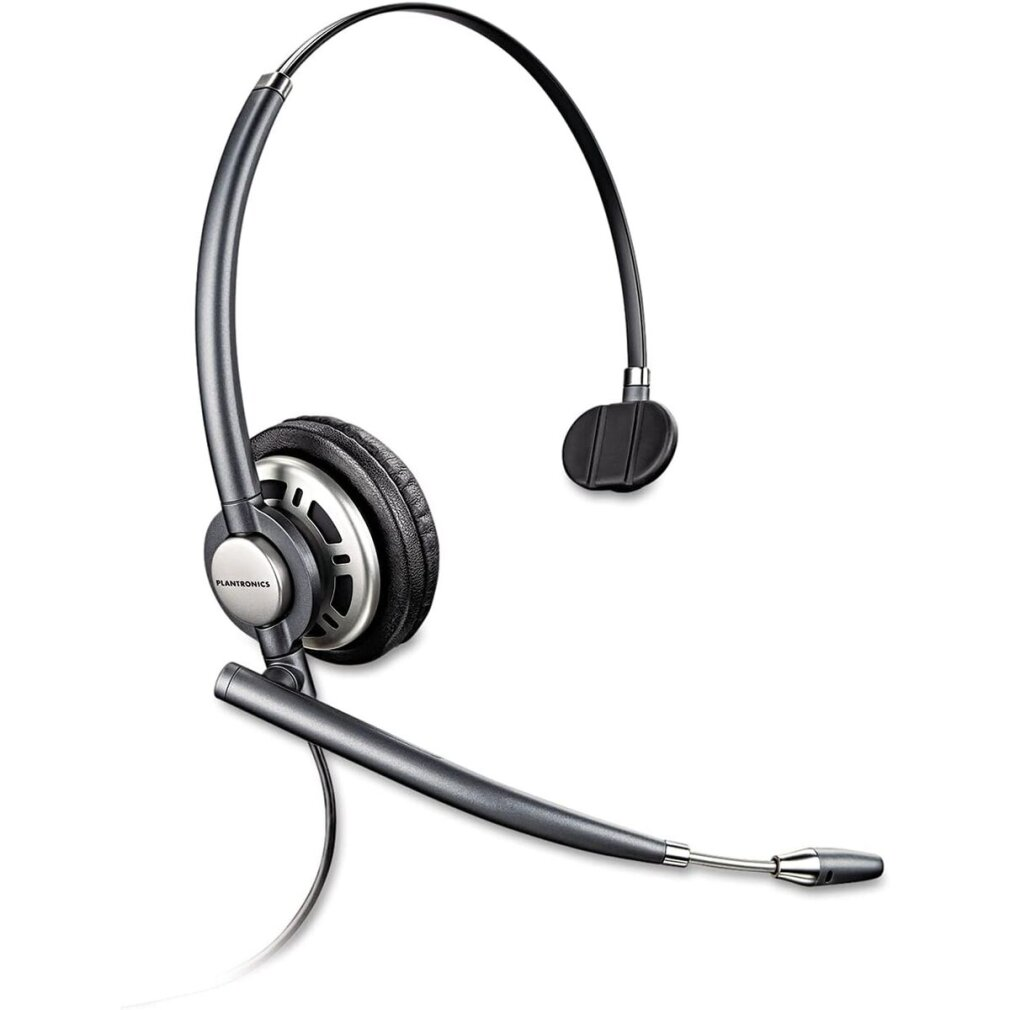 Ein graues Plantronics-Headset mit Mikrofon. Das Headset befindet sich auf weißem Hintergrund.