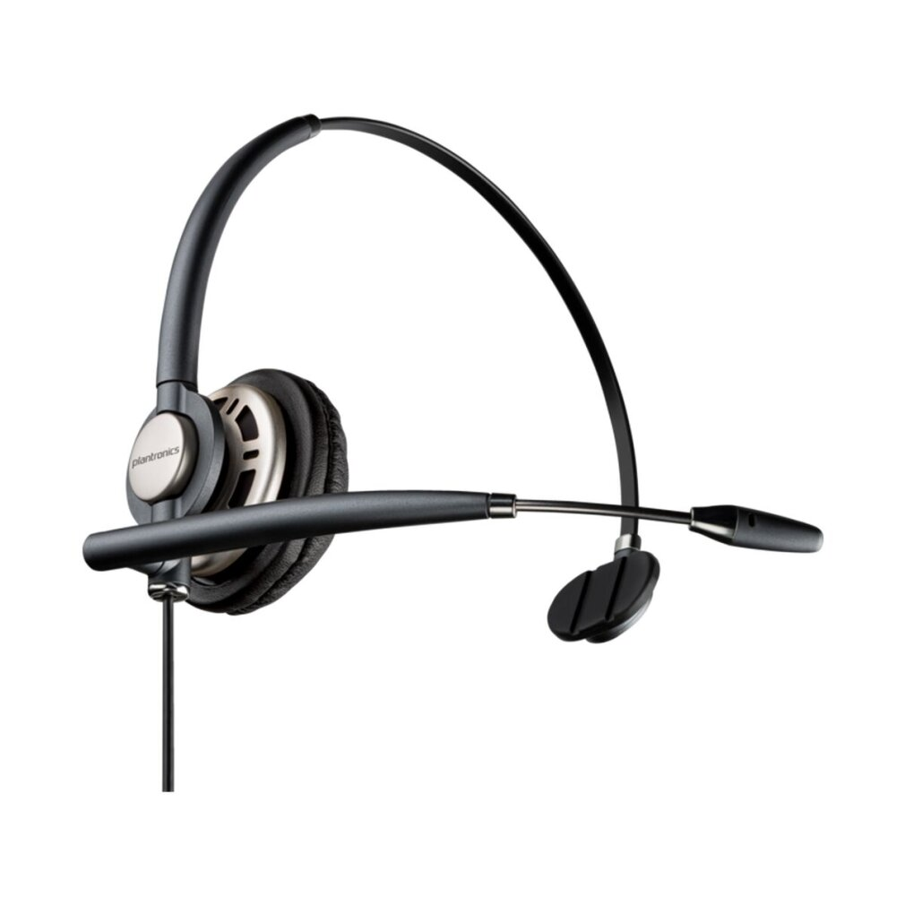 Ein graues Plantronics-Headset mit Mikrofon. Das Headset befindet sich auf weißem Hintergrund.