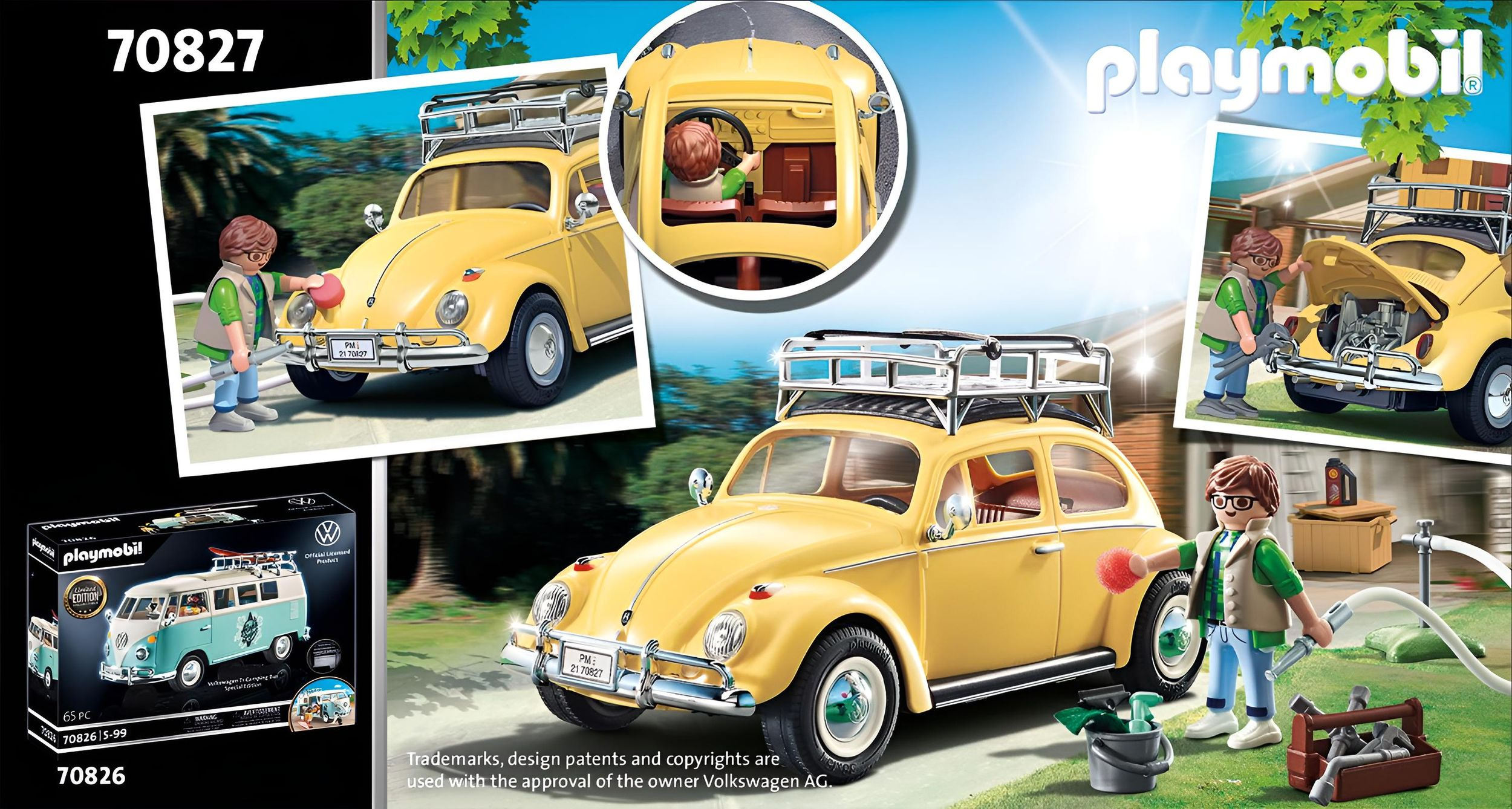 Set Playmobil. Volkswagen Beetle giallo con personaggi, attrezzi e altri accessori.