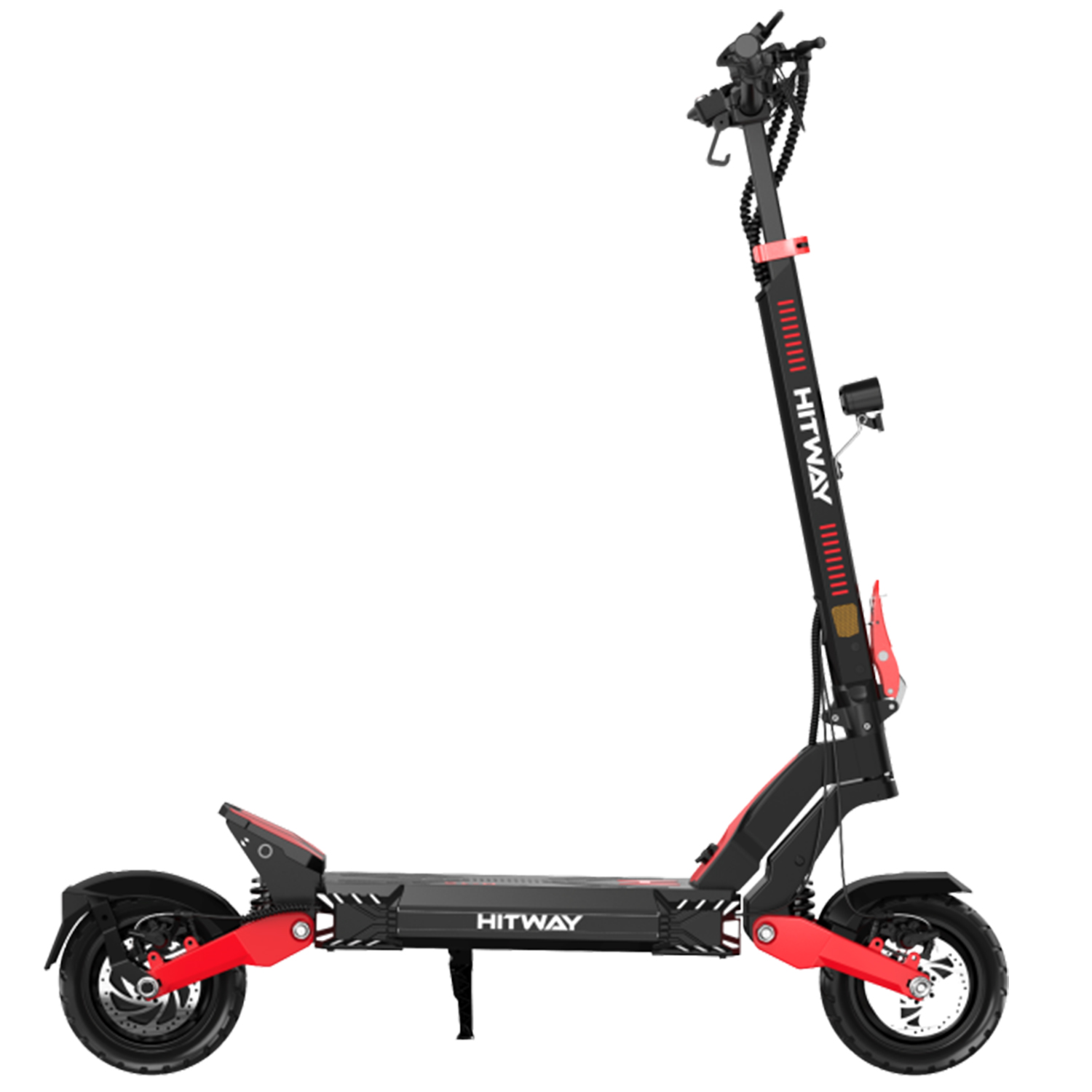 Monopattino elettrico Hitway nero e rosso su sfondo bianco. Vista laterale, ruote, manubrio e pedana visibili.