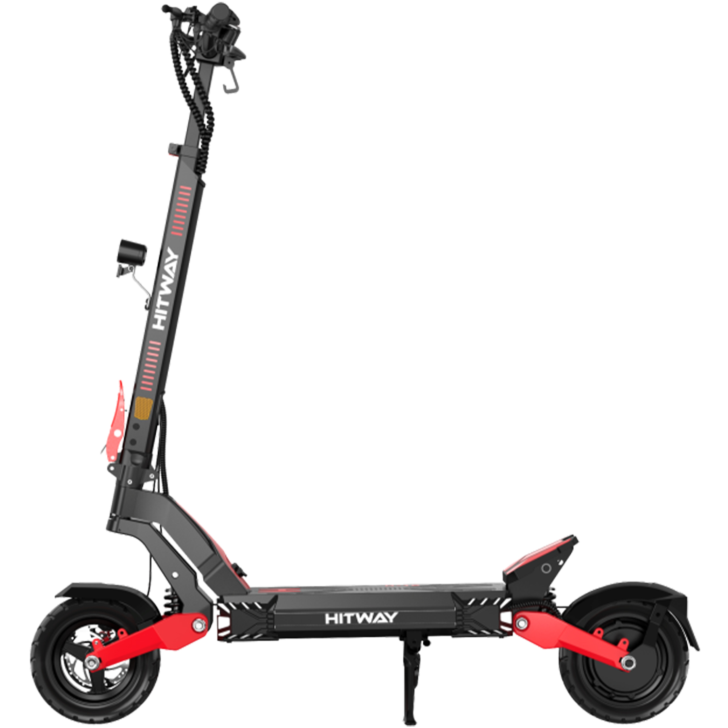 Scooter elettrico HITWAY nero e rosso, vista laterale, su sfondo bianco, che mostra ruote, pedana e manubrio.