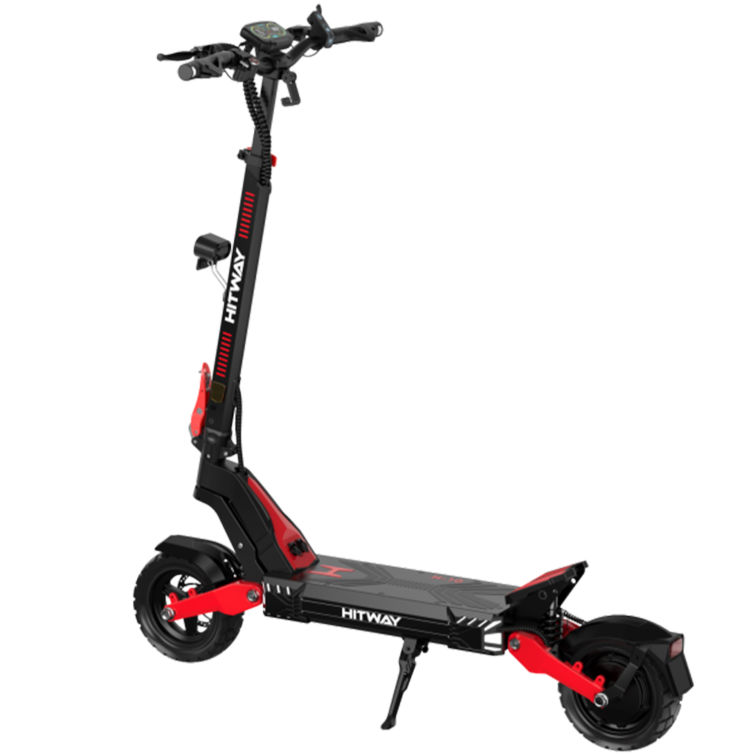 Scooter elettrico HITWAY nero e rosso su sfondo bianco, vista angolata, che mostra ruote, pedana e manubrio.
