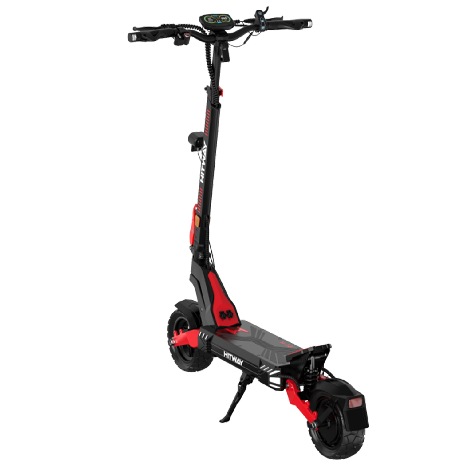 Monopattino elettrico Hitway nero e rosso, vista frontale. Manubrio, pedana, ruote e cavalletto visibili.